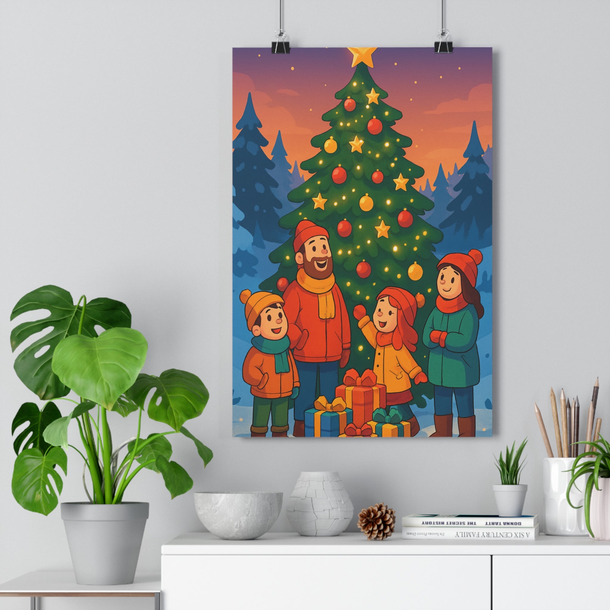 Poster décoratif scène festive joyeux Noël rouge jaune cartoon salon enfant cadeau étoile ambiance