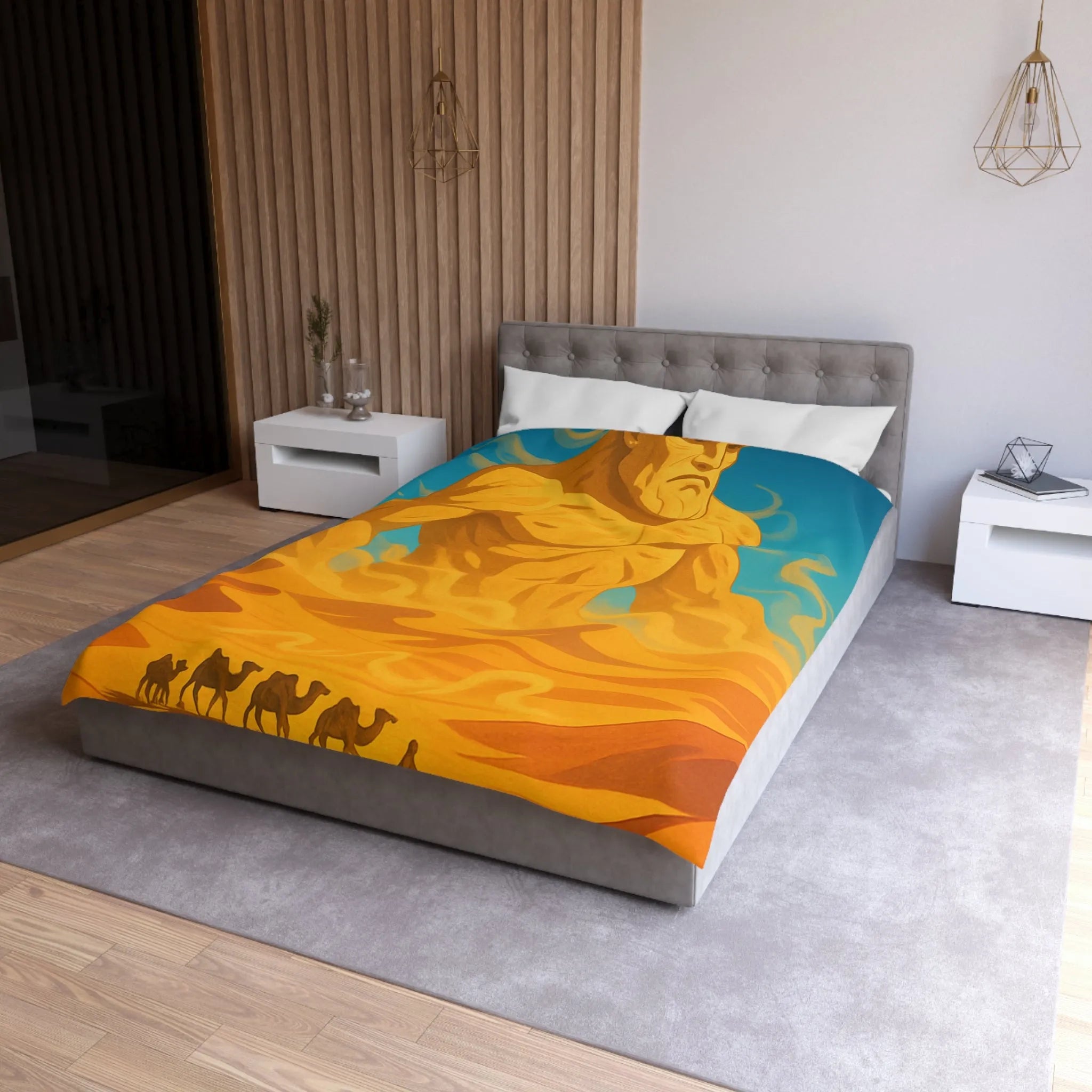 Housse de couette désert mystique avec caravane et gardien de sable géant