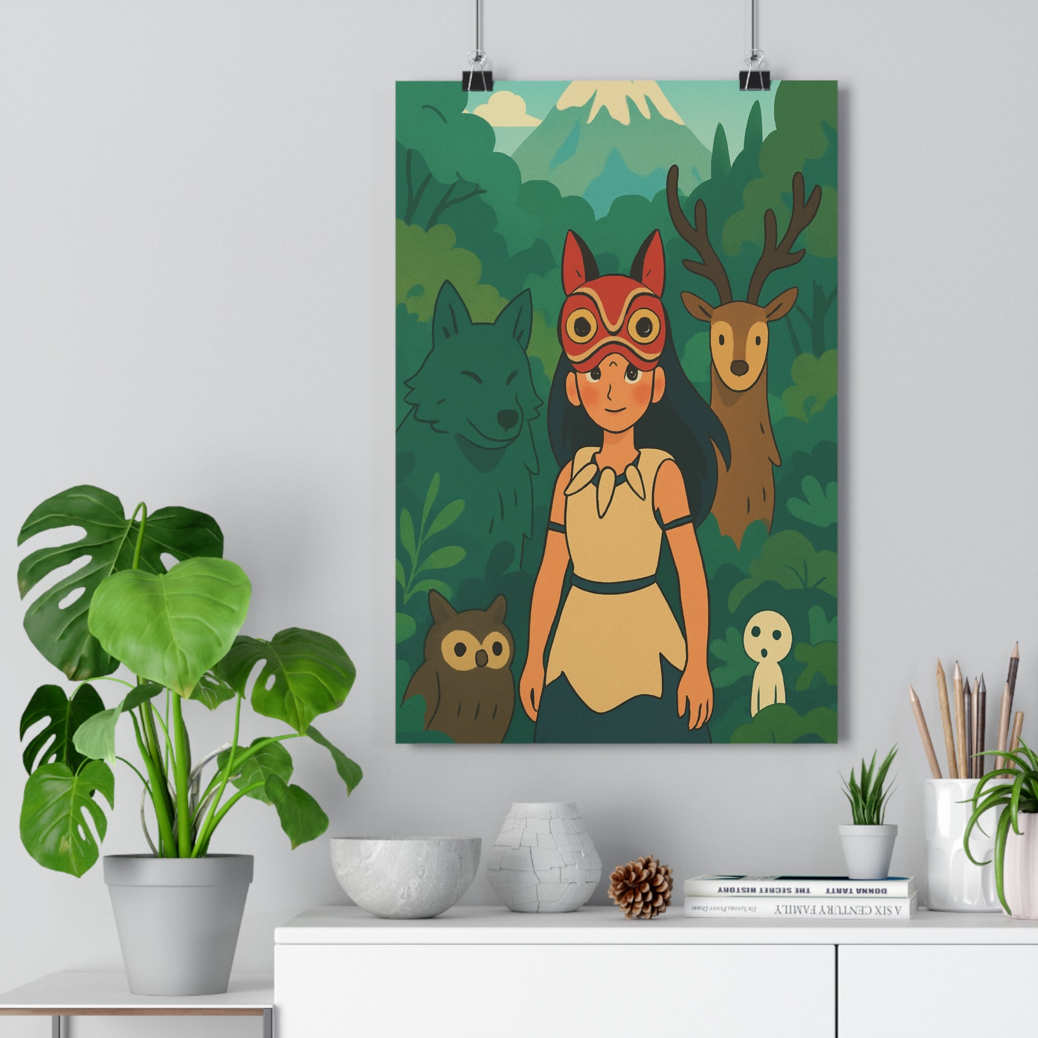 Poster décoratif forêt enchantée vert brun mystique cartoon enfant chambre magique créatures masqué rêveur