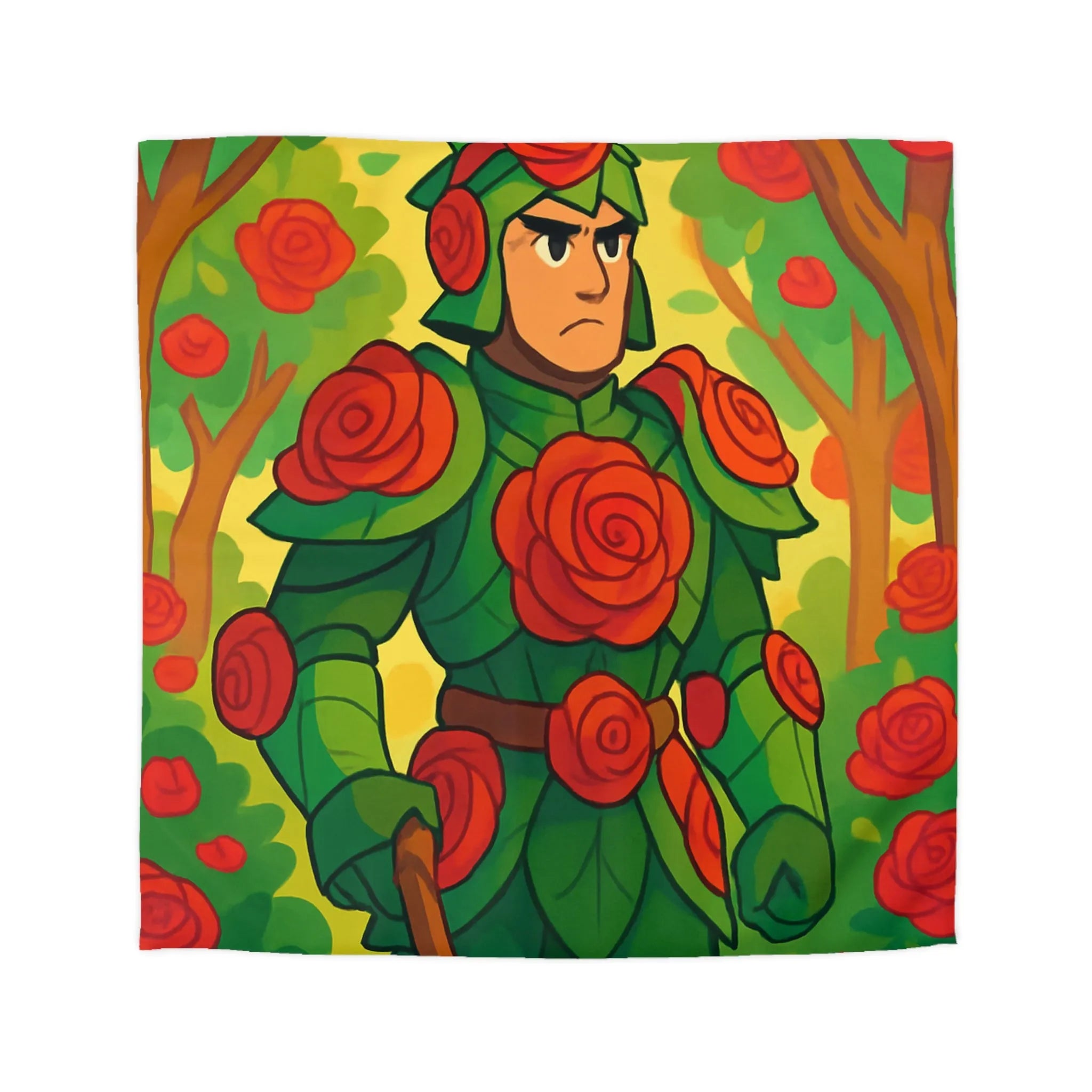 Housse de couette au design chevalier floral avec roses rouges et feuillage vert
