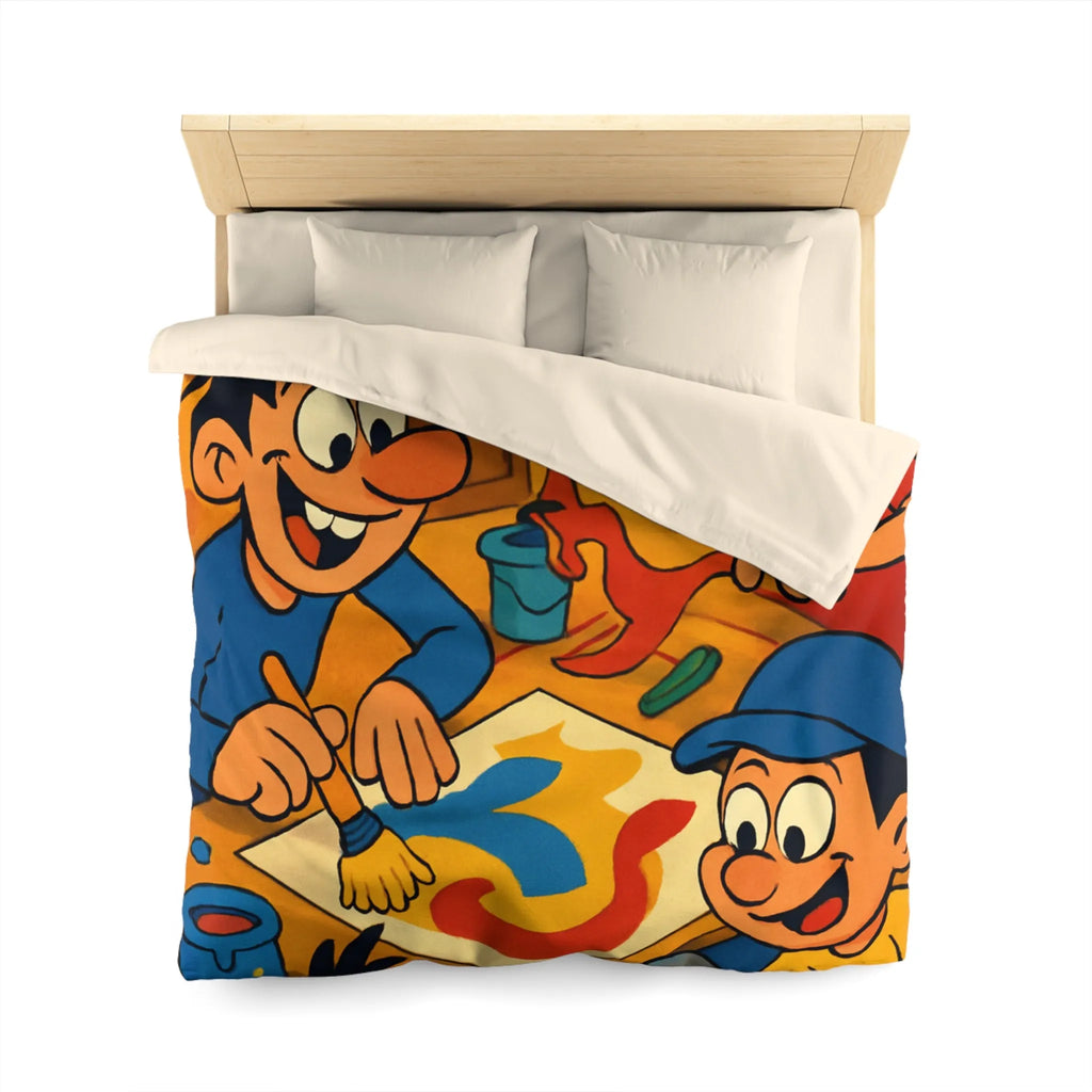 Housse de couette coloriée ludique avec enfants joyeux peignant et créant ensemble dans atelier