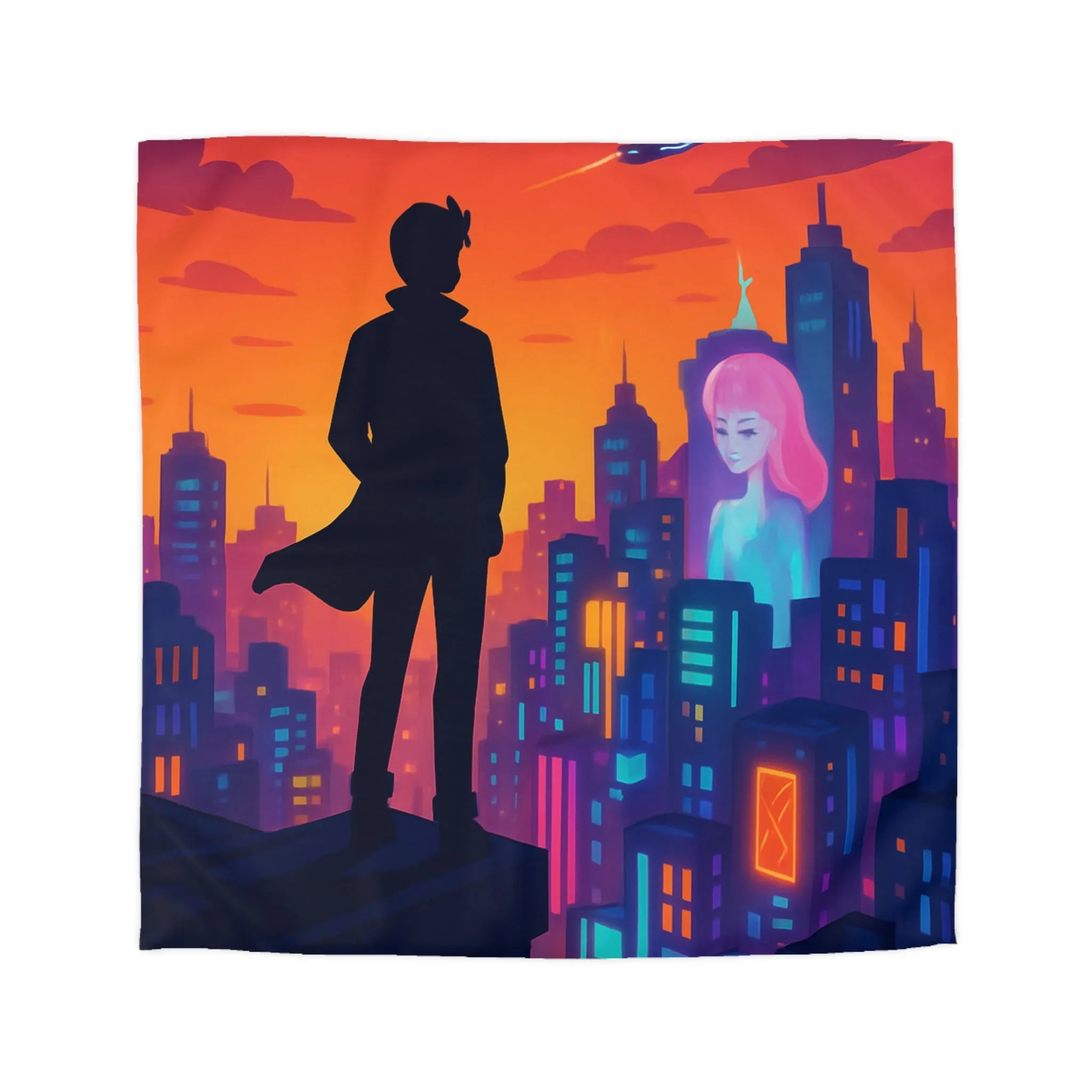 Housse de couette futuriste avec silhouette urbaine et couleurs vibrantes pour chambre moderne