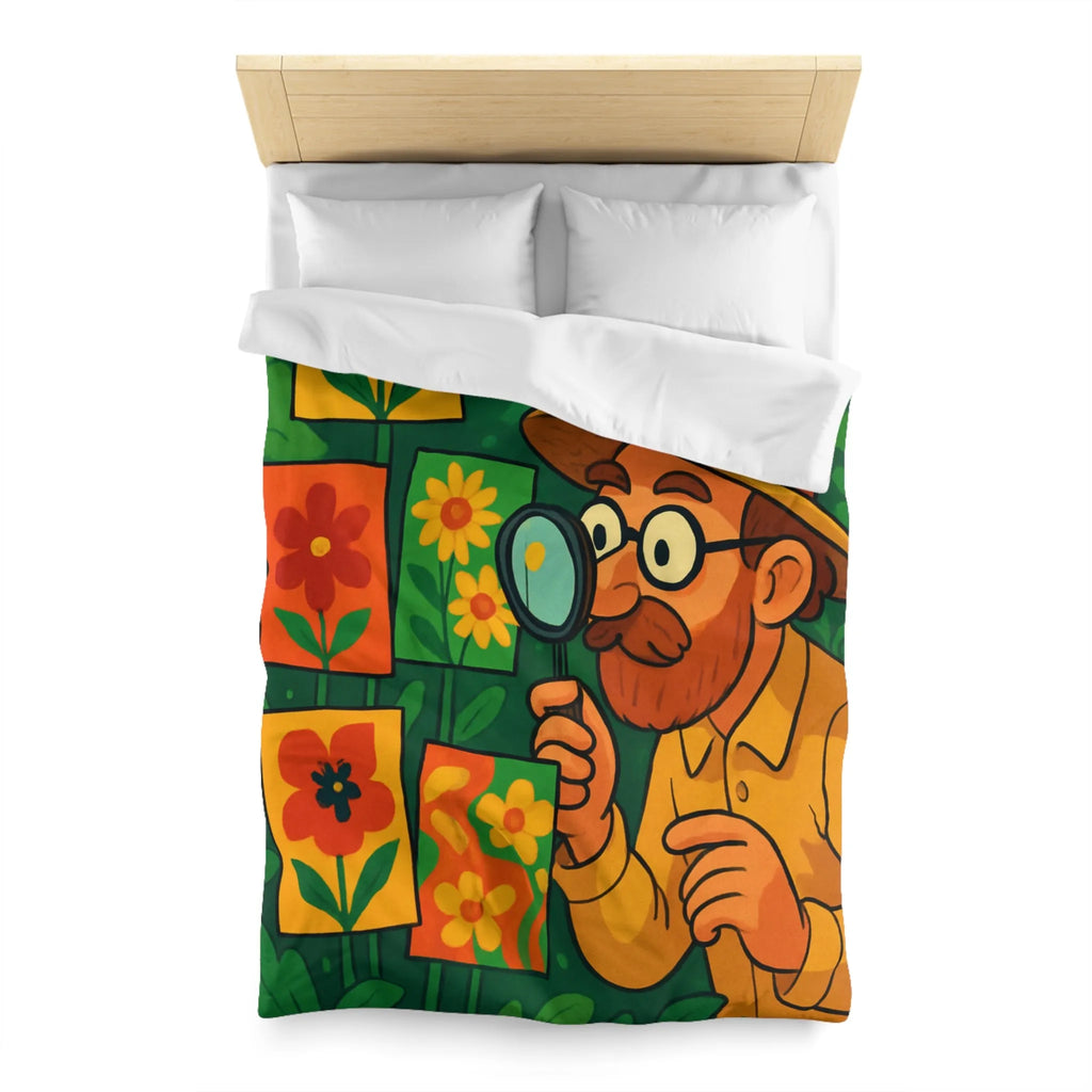 Housse de couette florale colorée avec botaniste examinant des illustrations en pleine nature