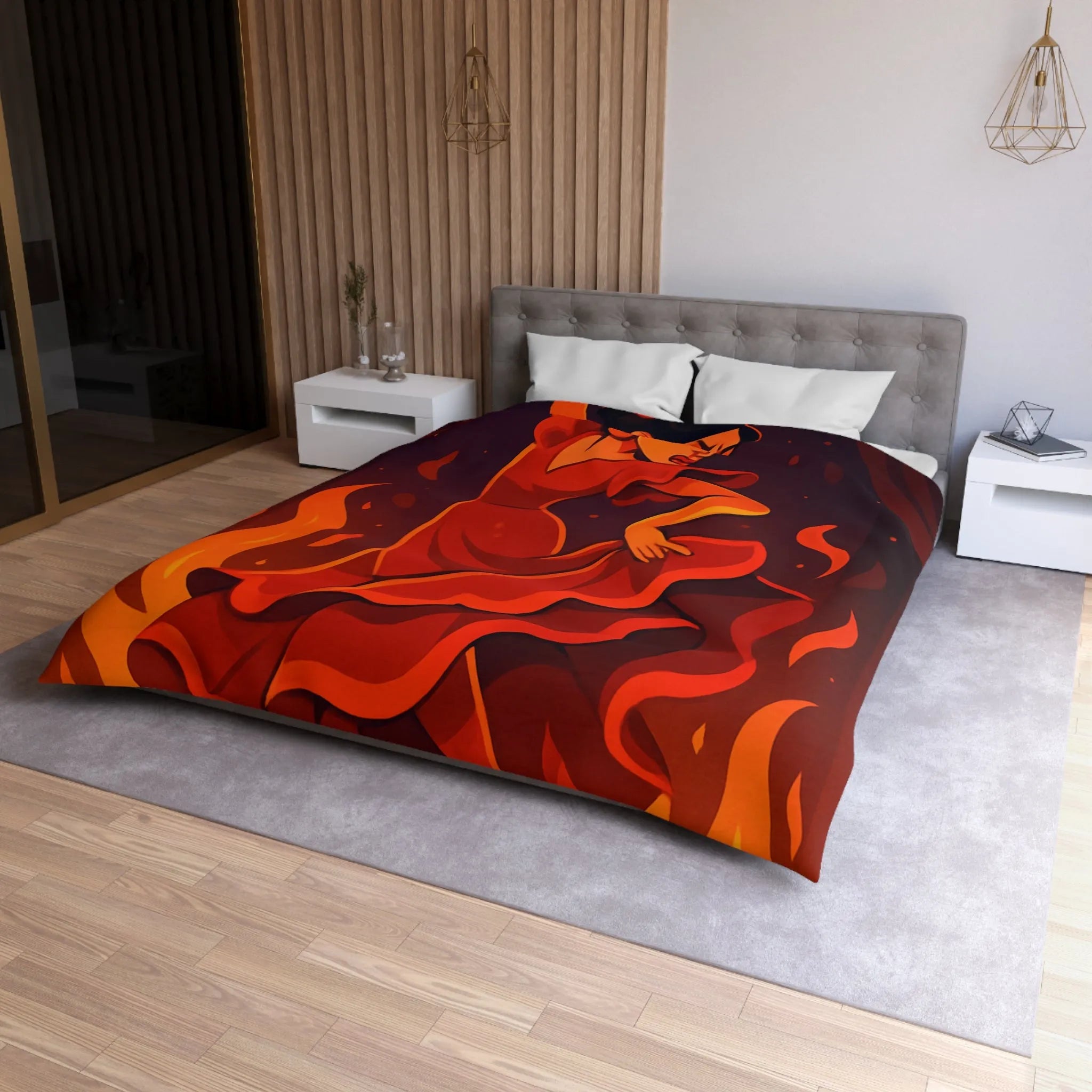 Envoûtante danseuse flamenco rouge intense, ambiance chaleureuse, lanternes et pétales dispersés.