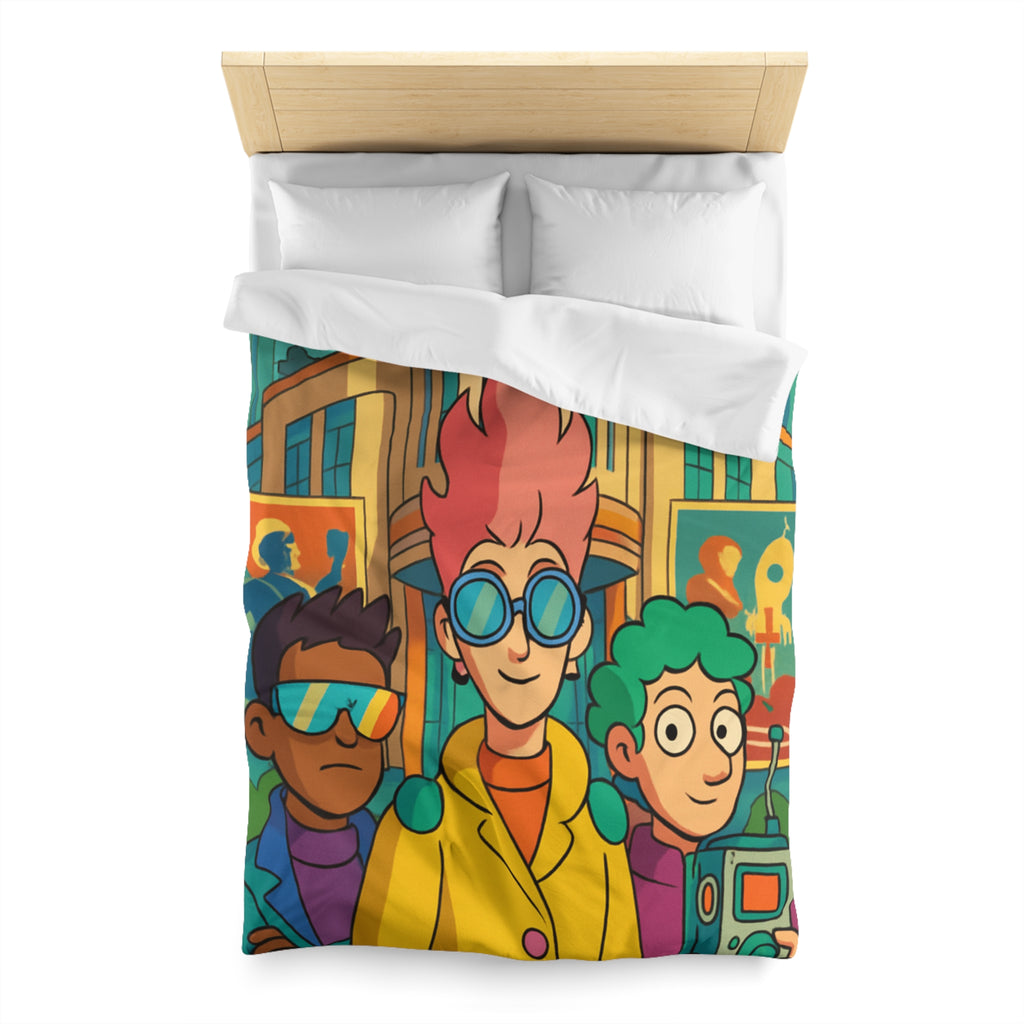 Housse de couette rétro futuriste colorée avec personnages et architecture urbaine stylisée