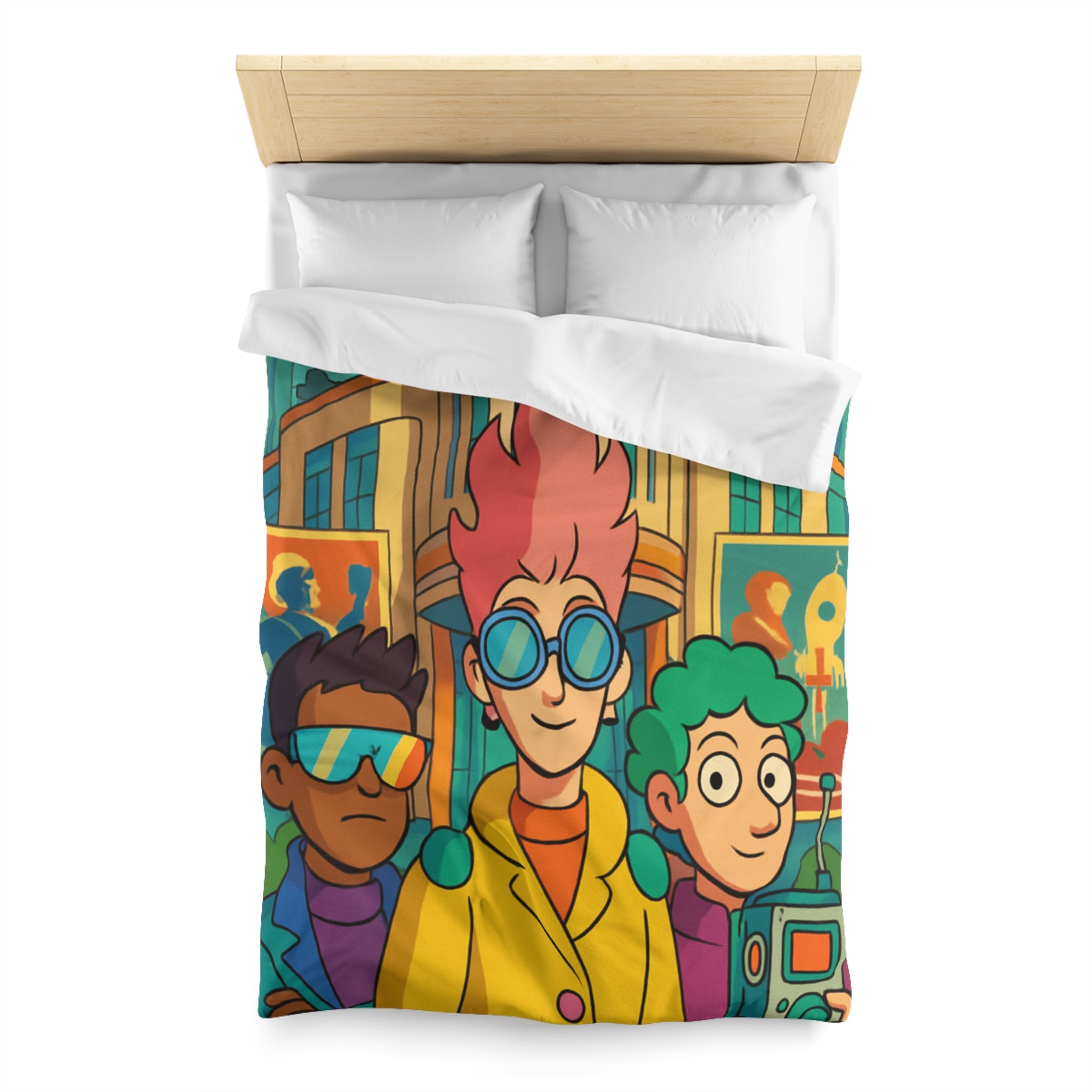 Housse de couette rétro futuriste colorée avec personnages et architecture urbaine stylisée