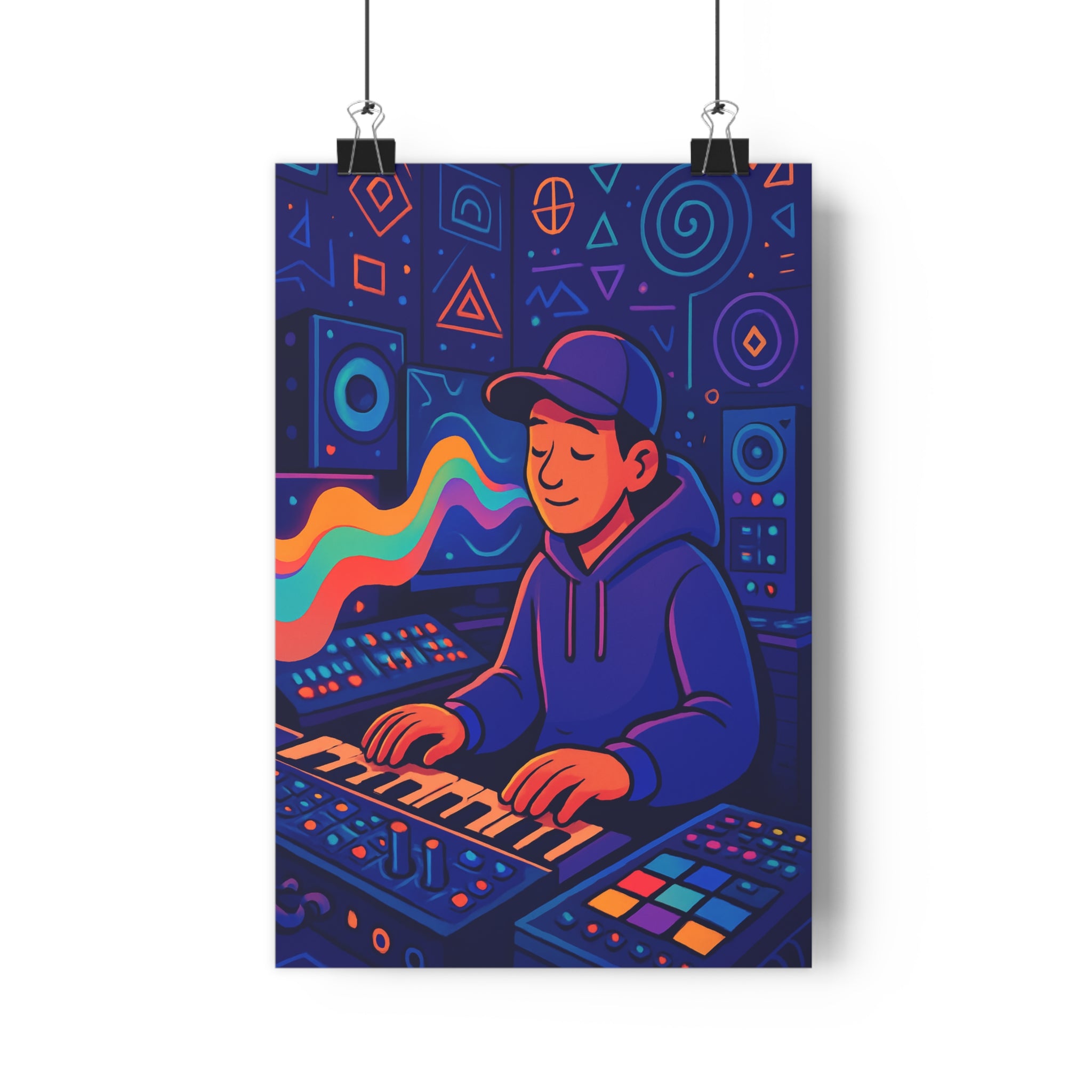 Poster décoratif futuriste bleu violet jaune dessin animé dynamique créatif musique bureau équipement moderne