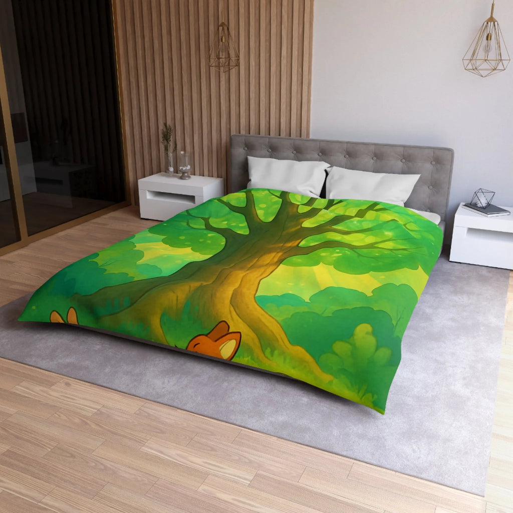 Charmante forêt enchantée avec animaux espiègles sous un majestueux arbre scintillant illustré