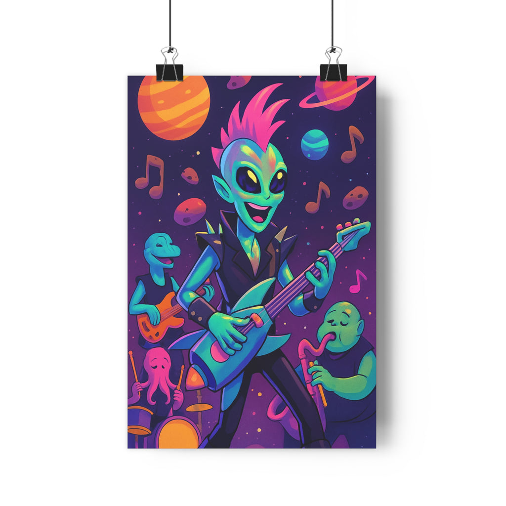 Poster décoratif cartoon futuriste coloré extraterrestres musiciens guitare interstellaire salon chambre enfant dynamique qualité