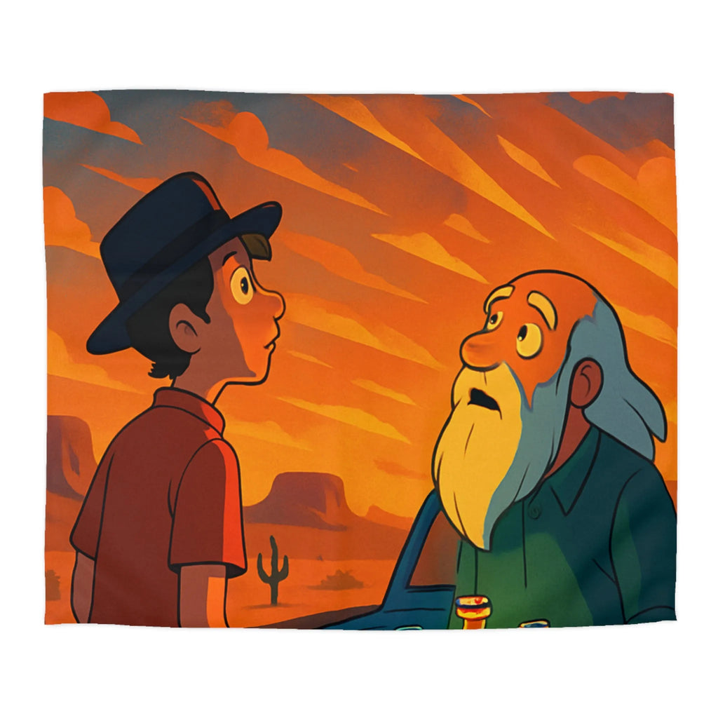 Housse de couette artistique coucher de soleil désertique avec flacons lumineux et personnages