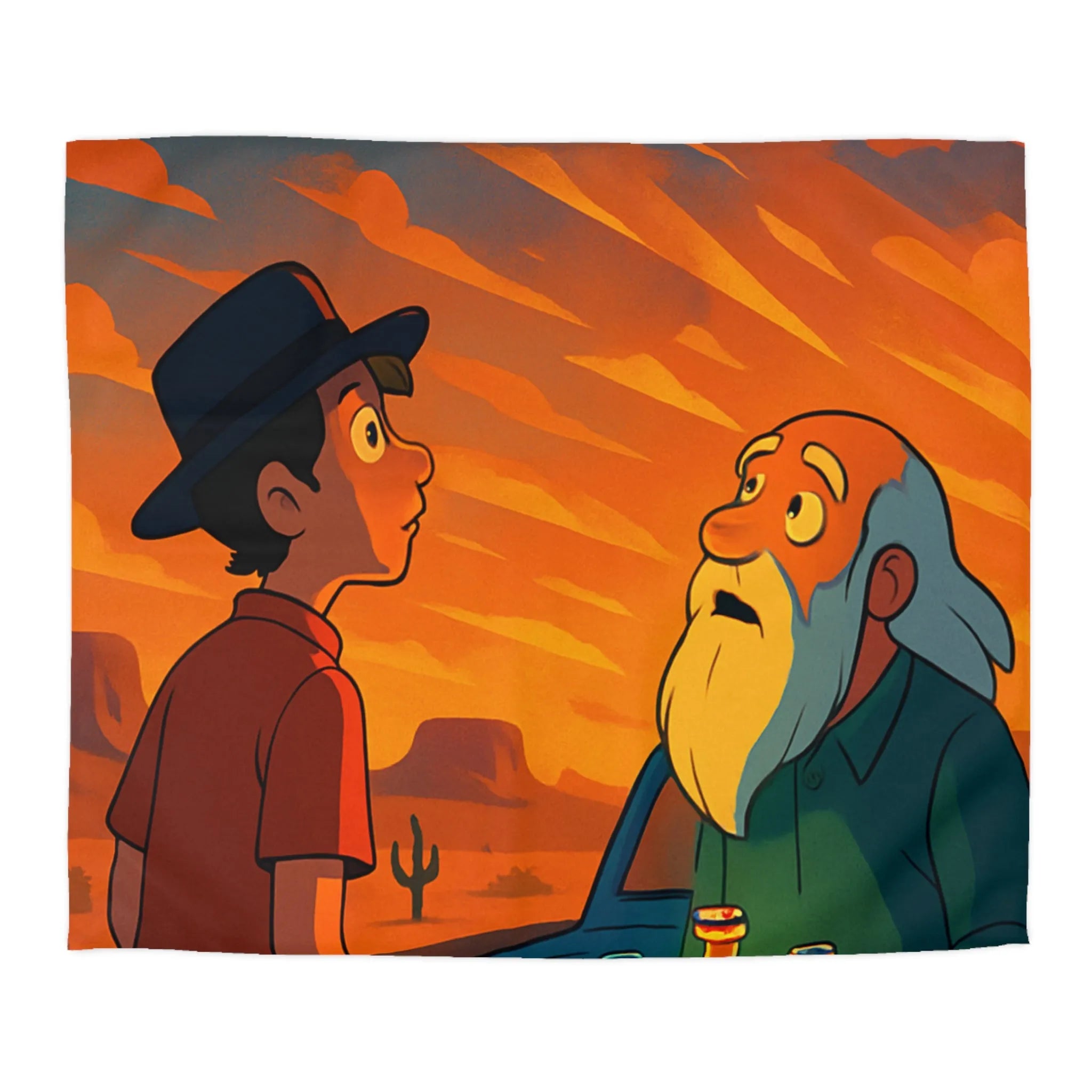 Housse de couette artistique coucher de soleil désertique avec flacons lumineux et personnages