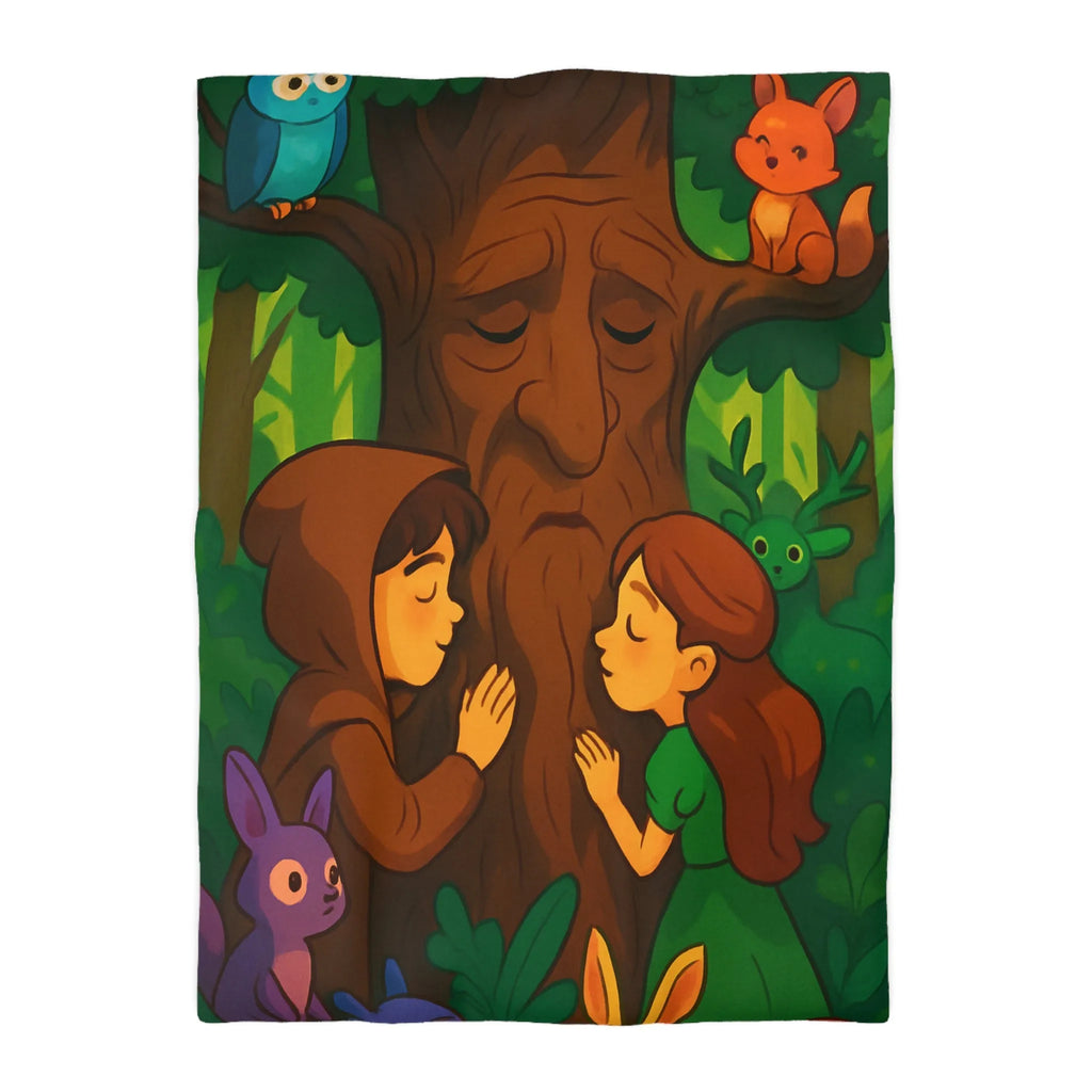 Housse de couette forêt enchantée avec animaux, arbres sages et personnages rêveurs