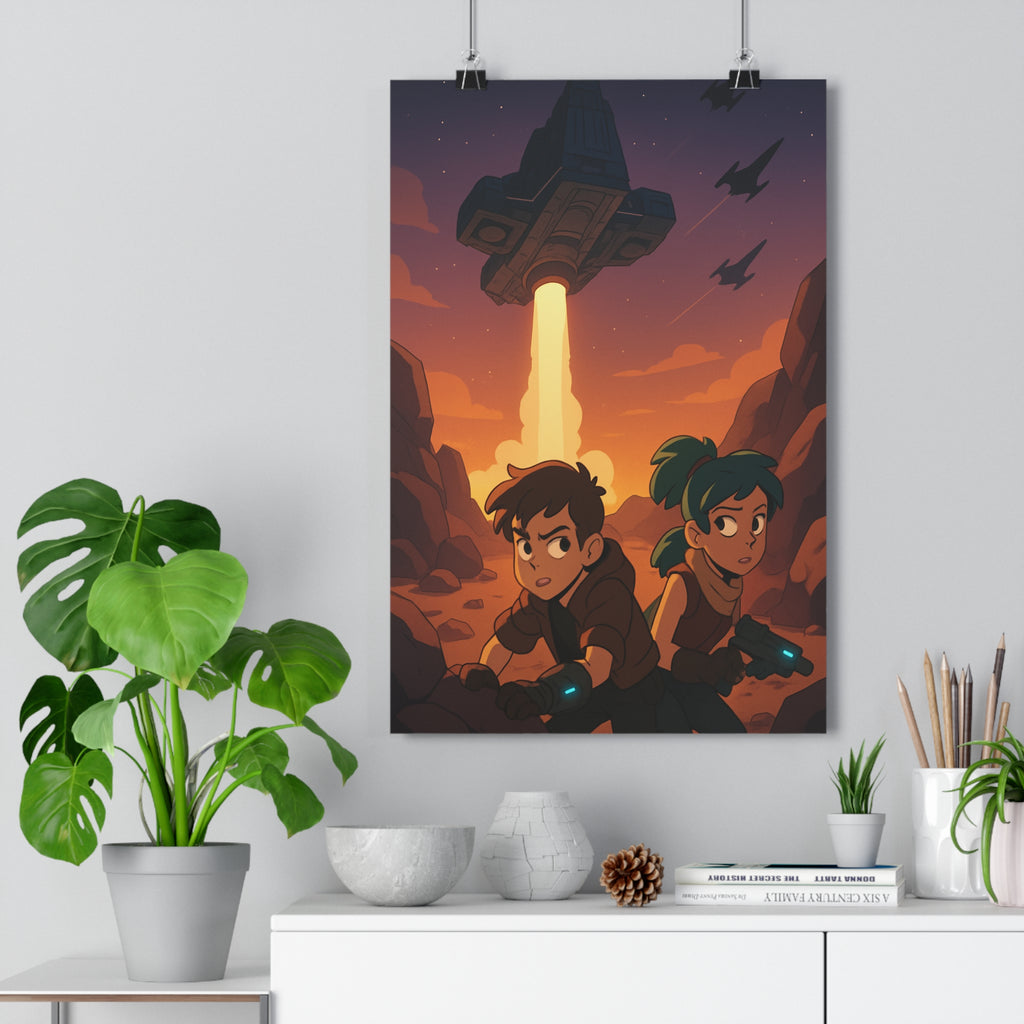 Poster décoratif aventure cartoon futuriste coloré vaisseau spatial désert enfants chambre salon bureau qualité