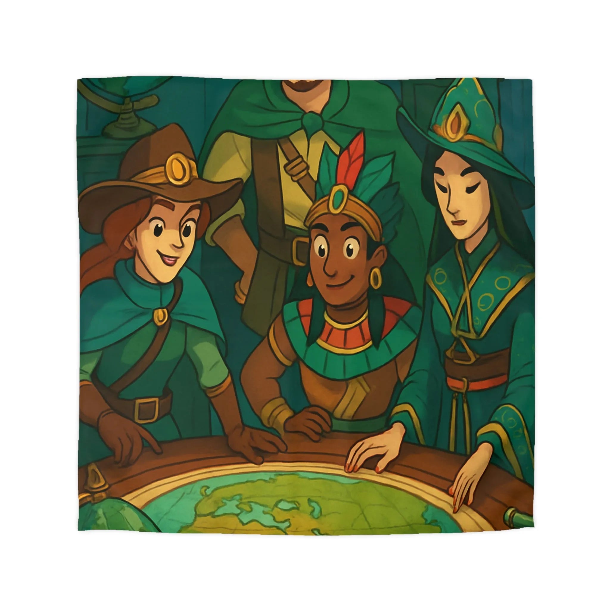 Housse de couette aventuriers explorateurs carte monde globe chapeaux costumes colorés ambiance ludique