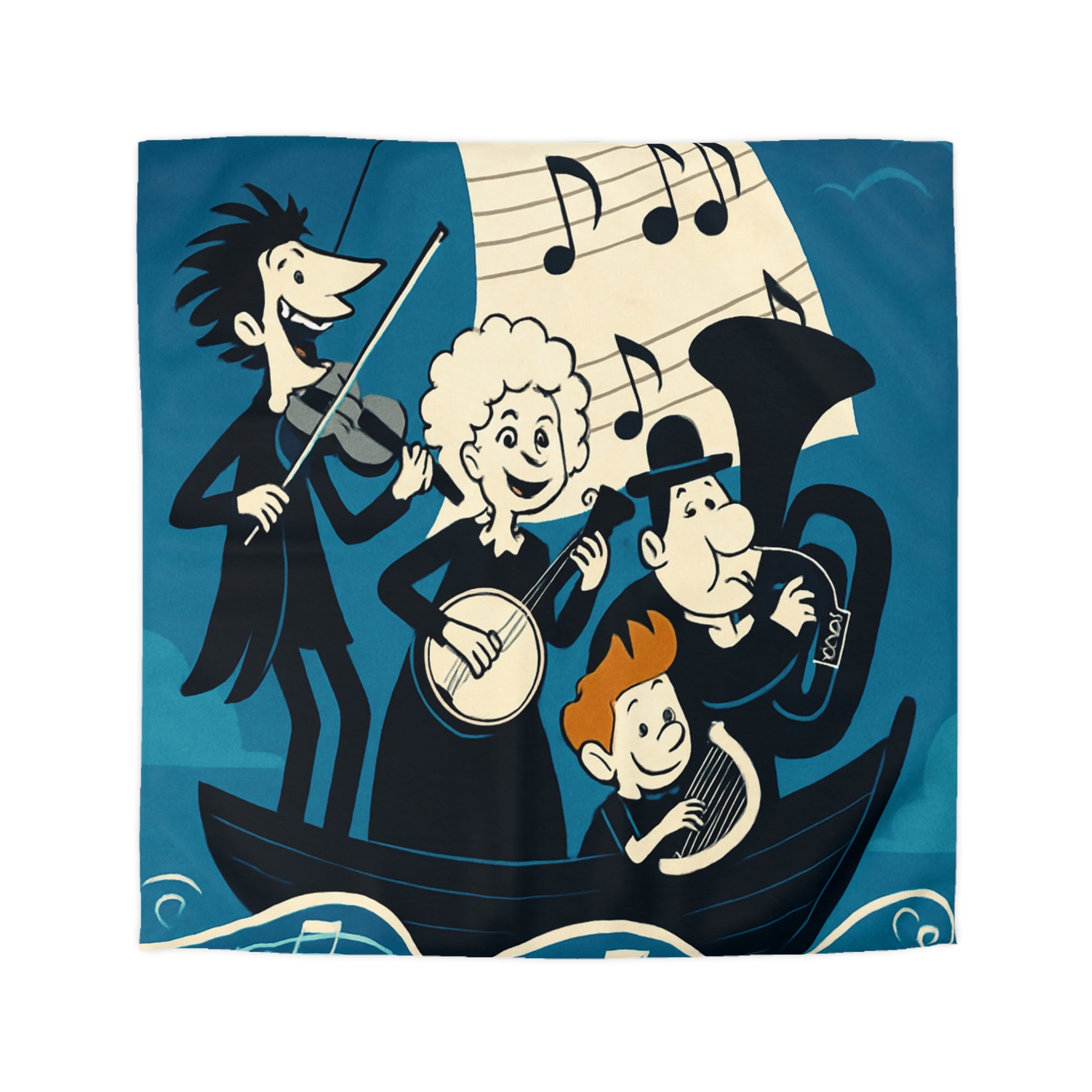 Housse de couette musicale sur l'océan avec personnages dans un bateau joyeux