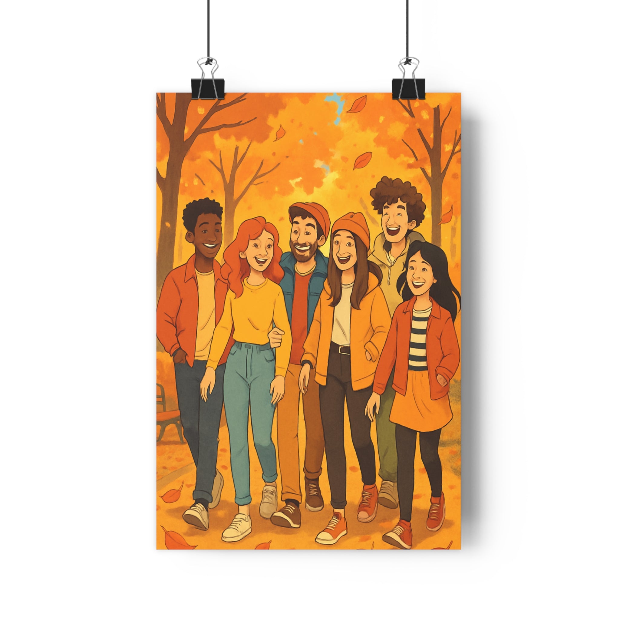 Poster décoratif automne cartoon joyeux amitié couleurs chaudes orange jaune salon chambre murale ambiance