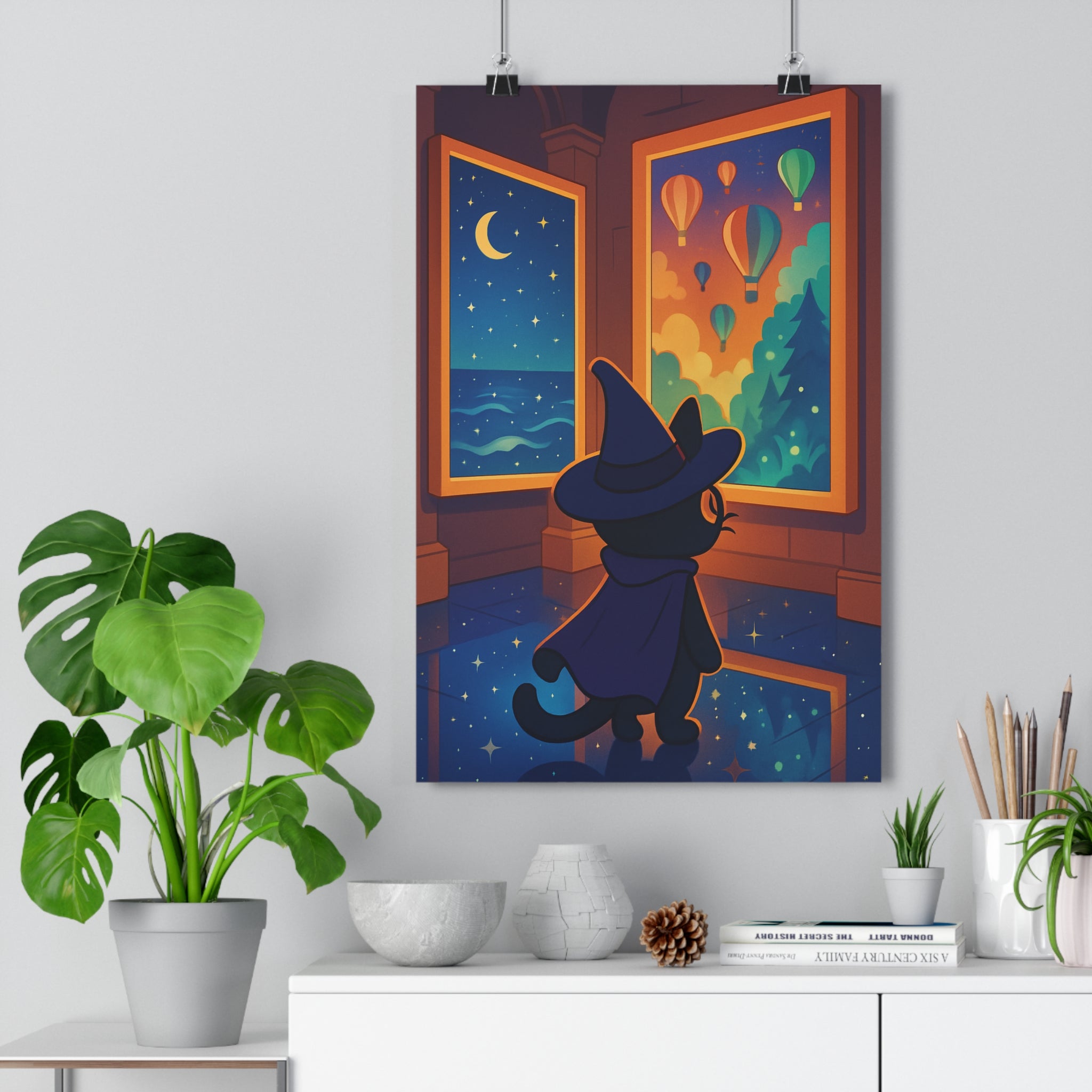 Poster décoratif chat sorcier cartoon bleu orange vert mystique enchanté chambre salon créatif rêveur