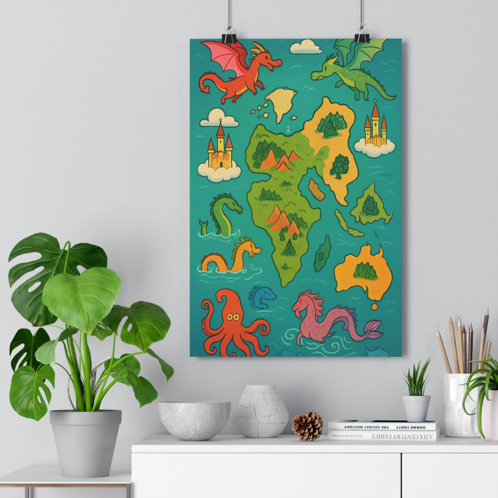 Poster décoratif fantasy pastel coloré enchanté chambre enfant dragons créatures nuages mappemonde aventure qualité