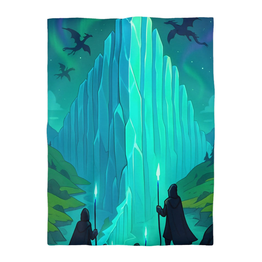 Housse de couette fantastique avec cristal géant et silhouettes de dragons au crépuscule