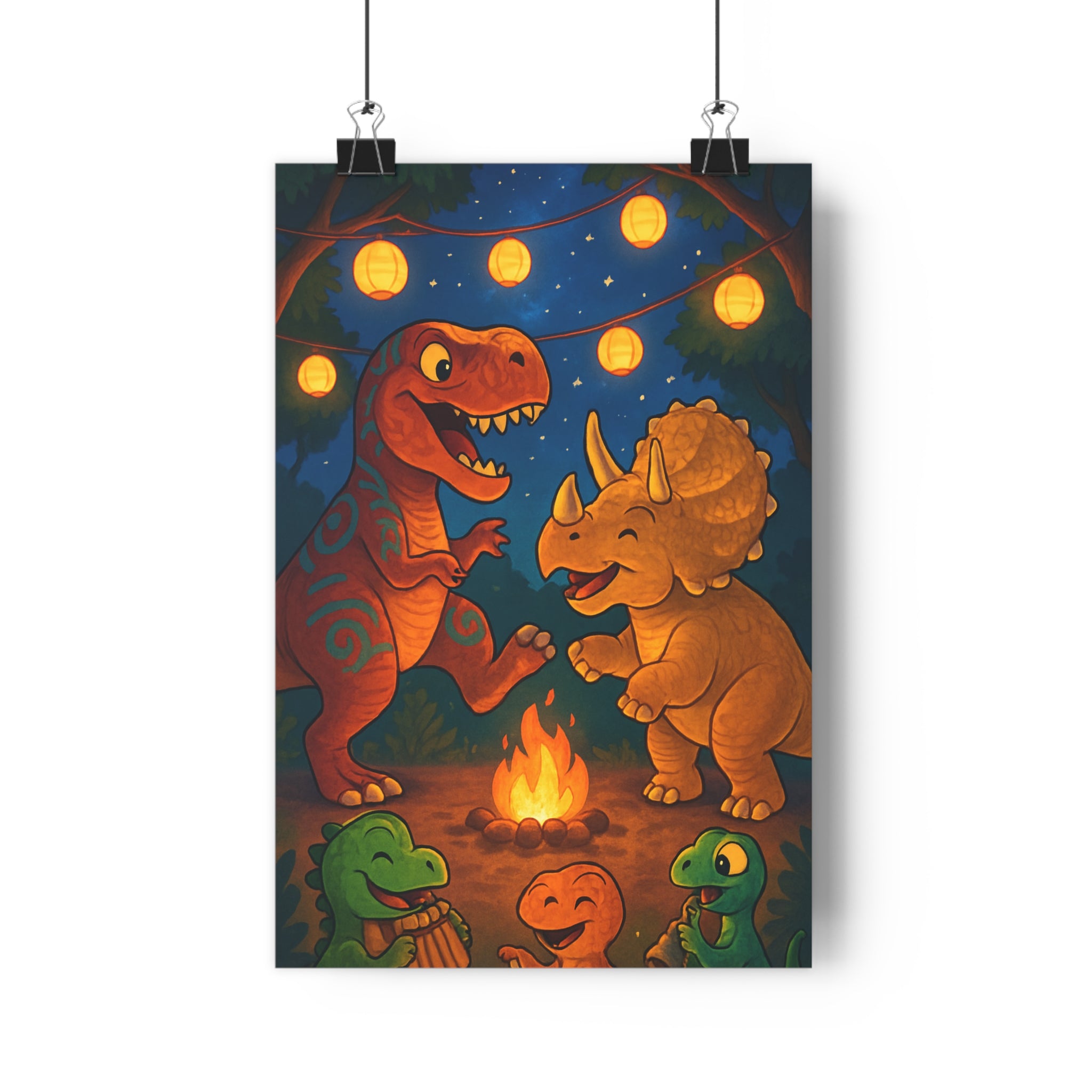 Poster décoratif cartoon enfant joyeux dinosaure musique feu lanternes chambre couleurs vives nocturne ambiance