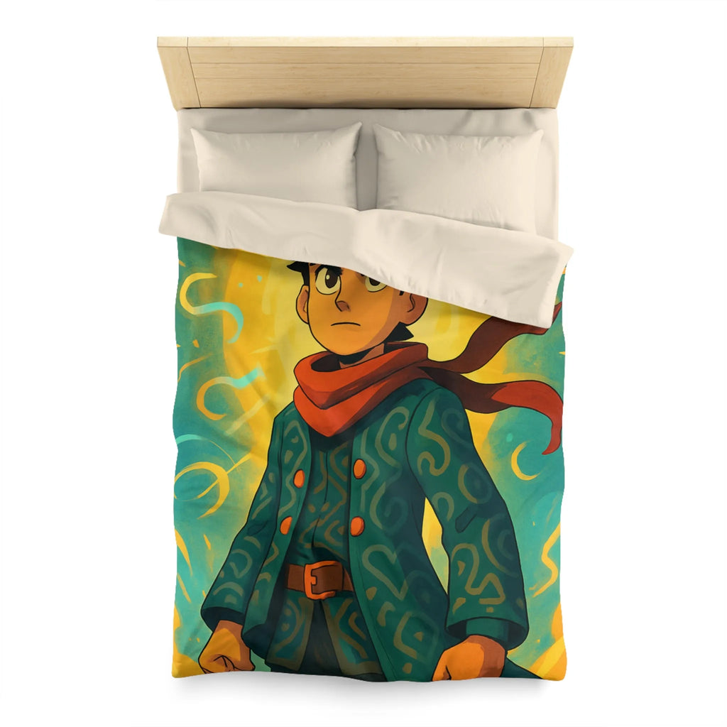Éclatante illustration magique pour housse de couette avec personnage courageux et motifs abstraits colorés