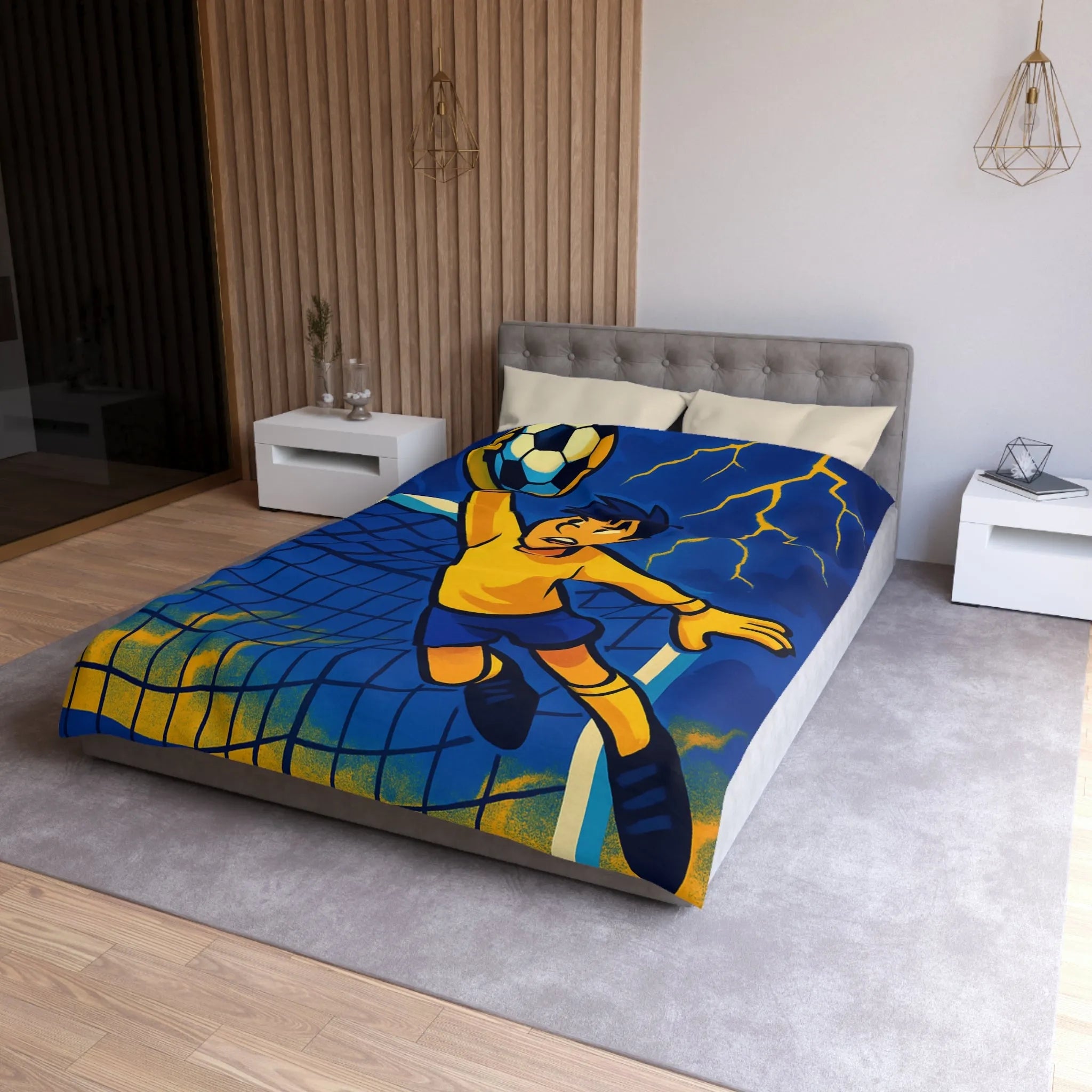 Housse de couette colorée, illustration de footballeur en action, idéale pour chambre d'enfant