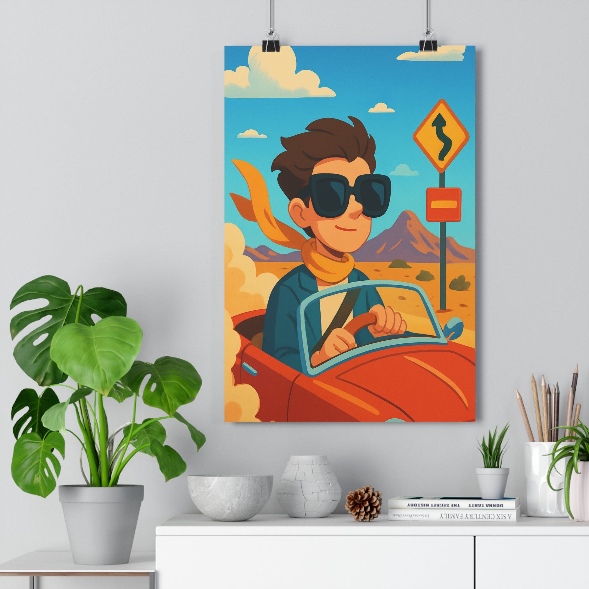 Poster décoratif cartoon vibrant rétro joyeux jaune rouge bleu aventure salon chambre tendance vintage