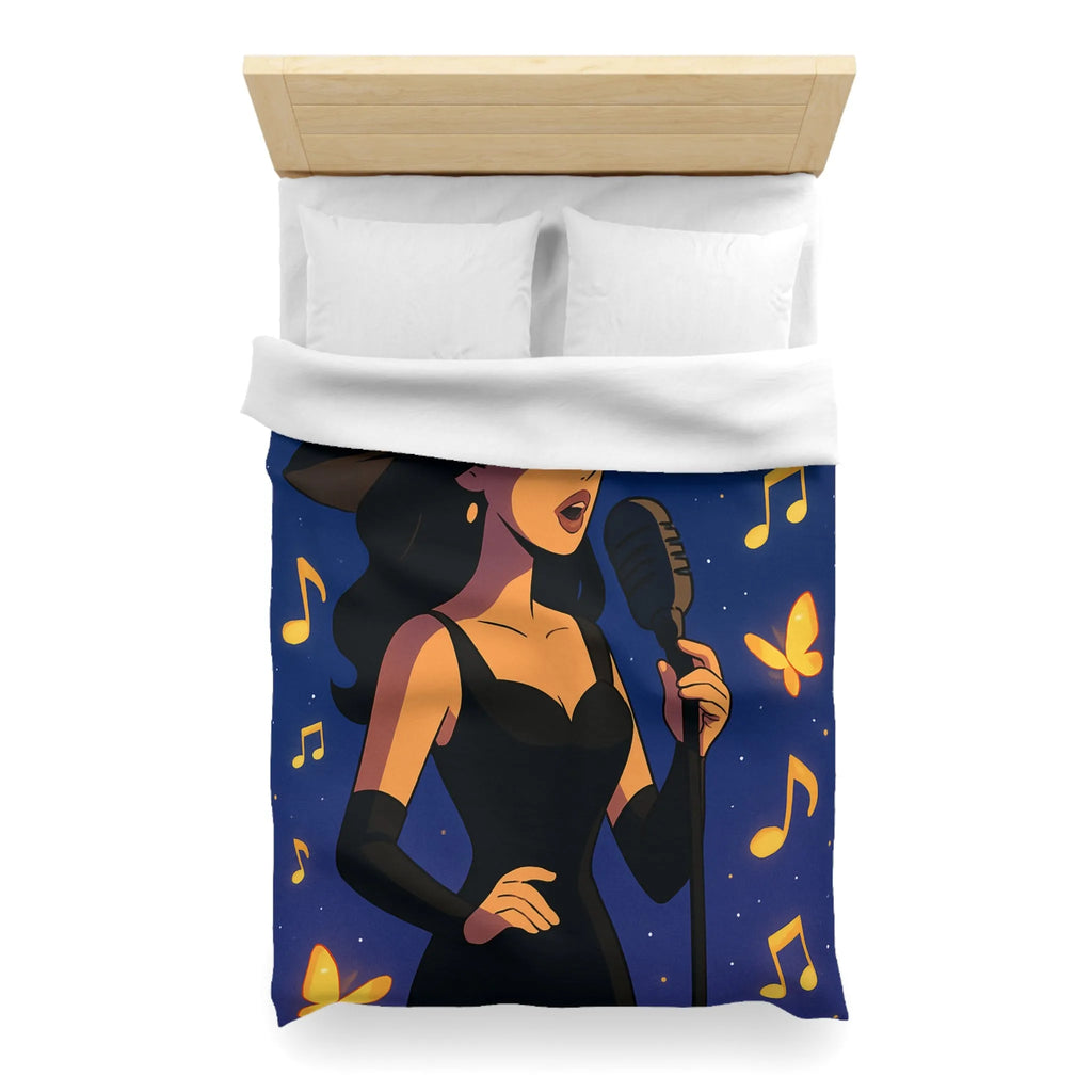 Élégant design musicien nocturne avec notes dorées et papillons sur fond étoilé bleu