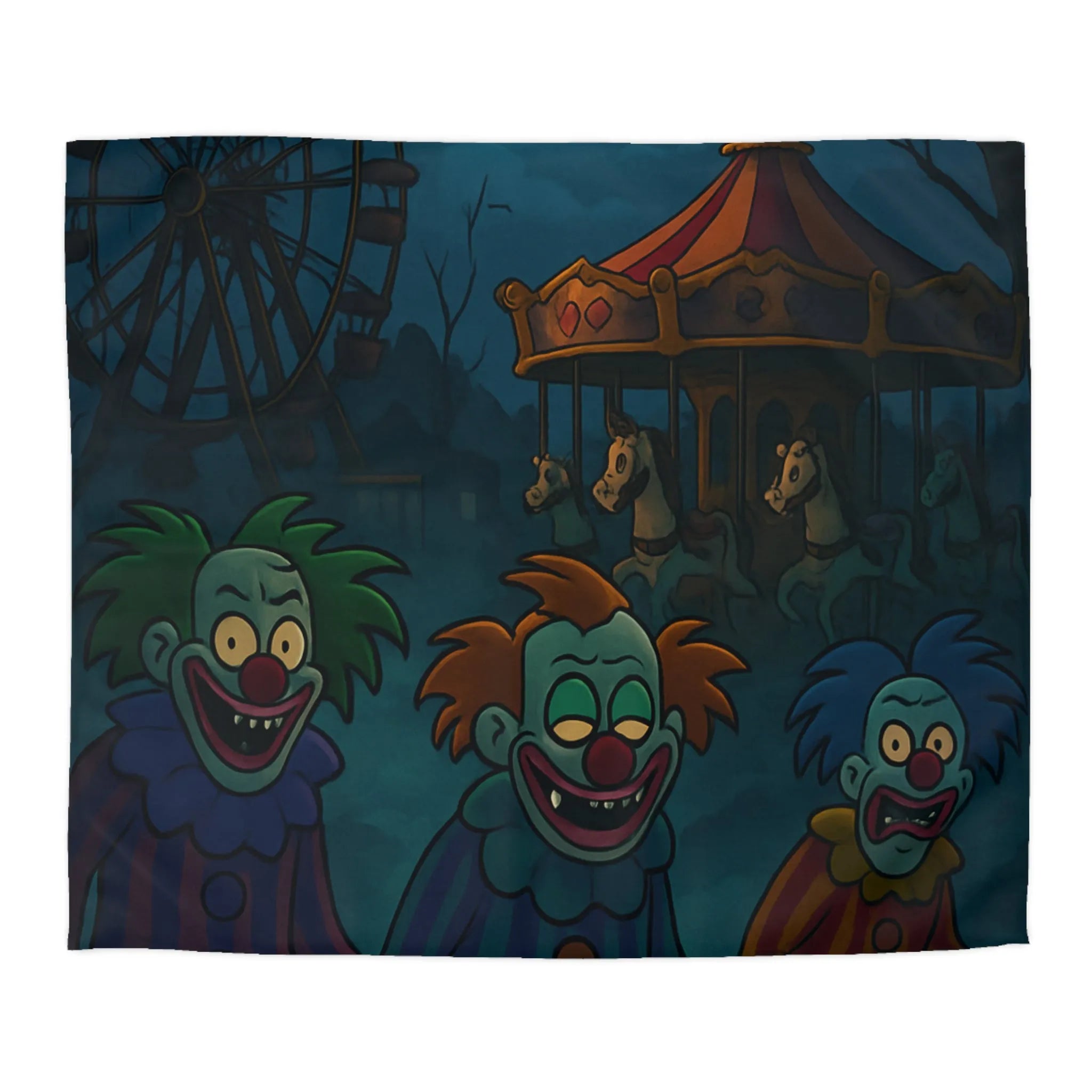 Housse de couette effrayante avec clowns sinistres et pleine lune, ambiance terrifiante