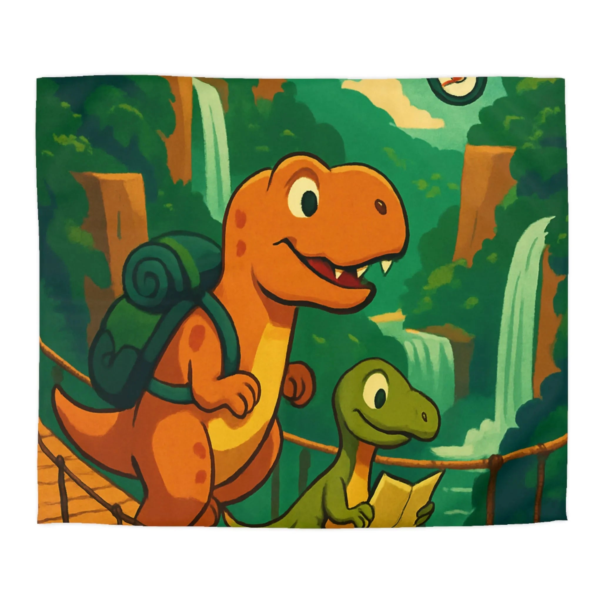 Housse de couette avec dinosaures explorateurs sur pont suspendu dans jungle luxuriante