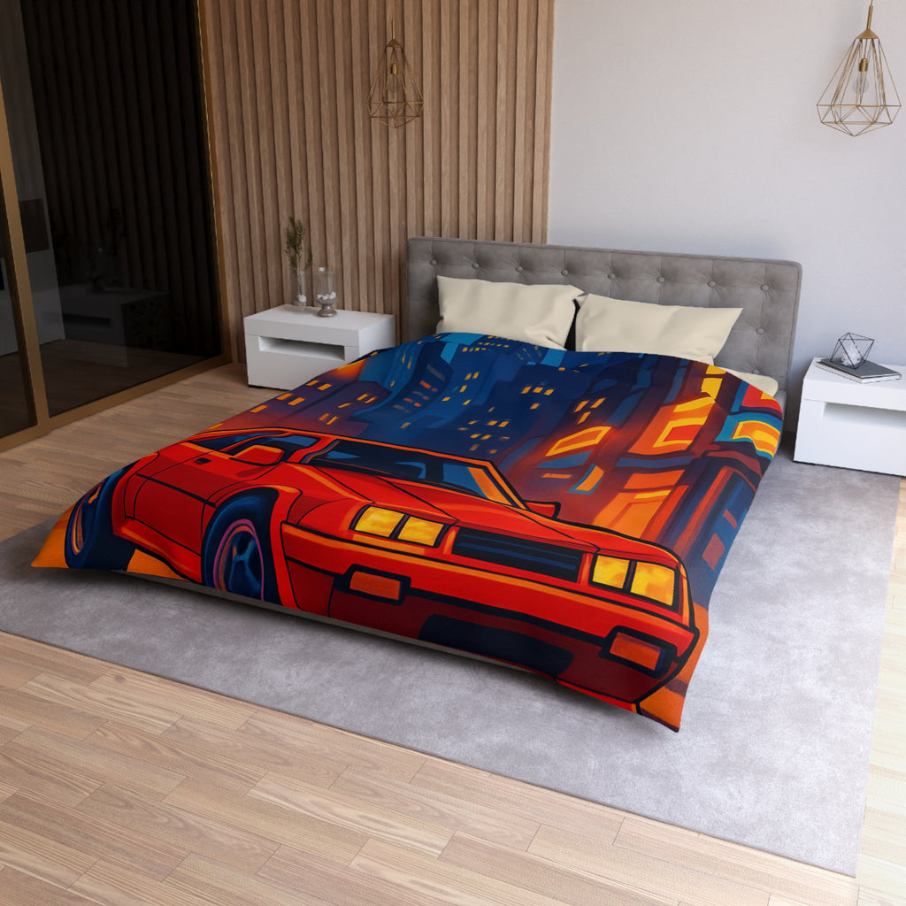 Housse de couette urbaine rétro avec voiture rouge lueur nocturne vibrante