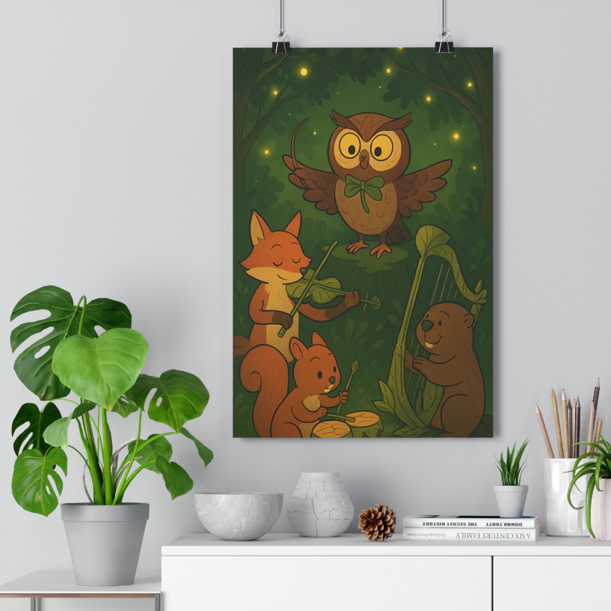 Poster décoratif cartoon vert brun nature magique chambre enfant joyeux animaux musique murale unique