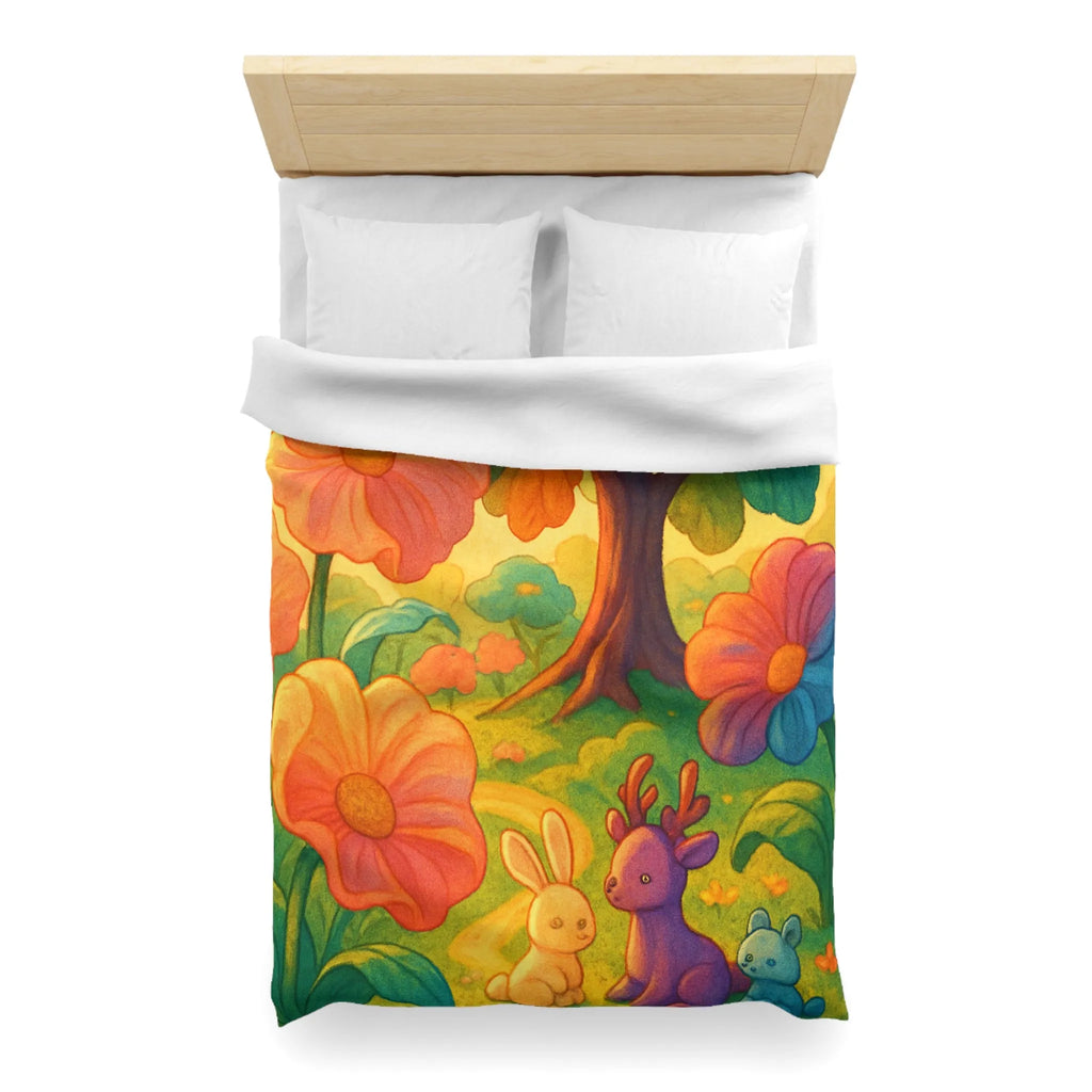 Housse de couette avec animaux mignons et fleurs colorées dans une forêt féerique
