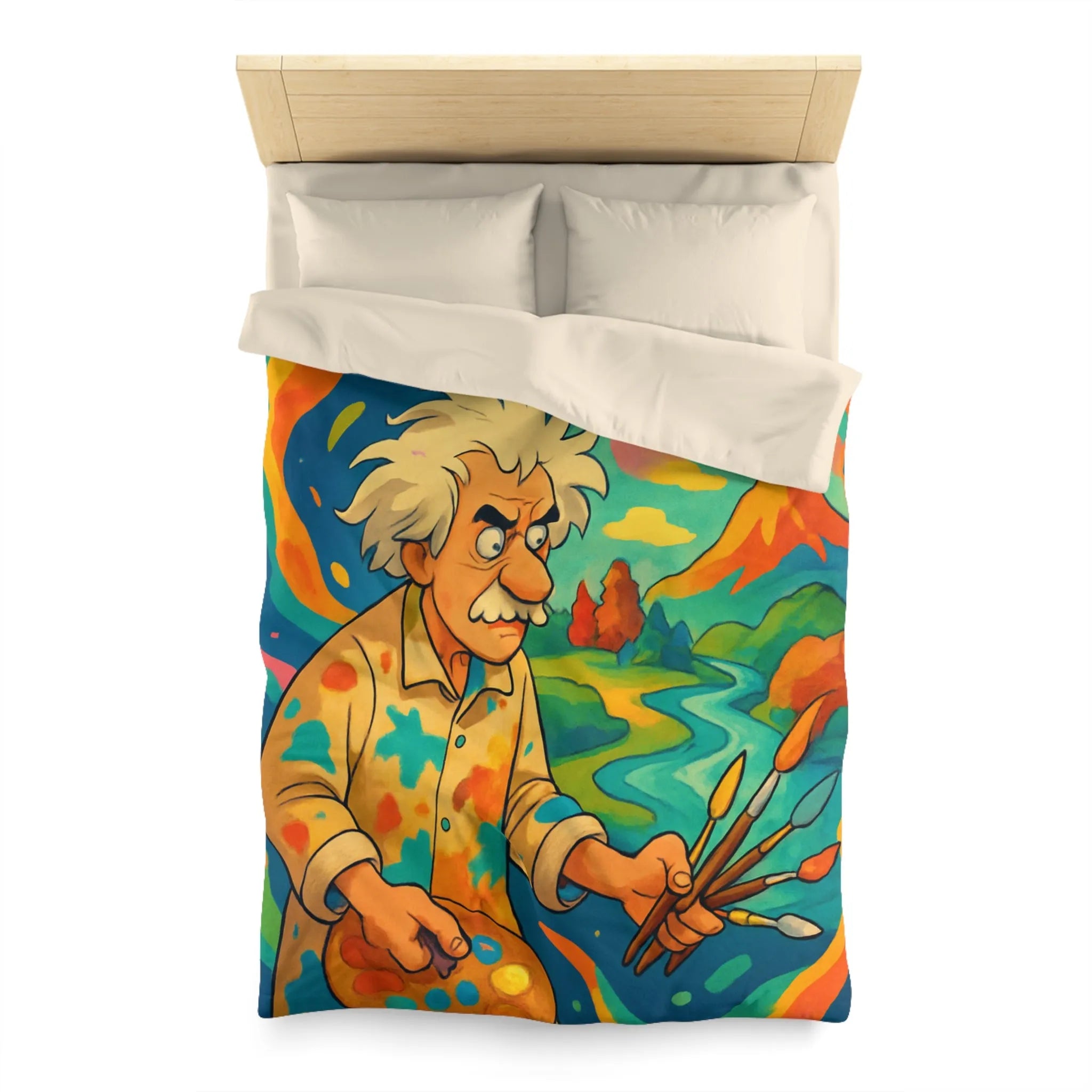 Housse de couette artistique avec peintre et paysage vibrant aux couleurs éclatantes