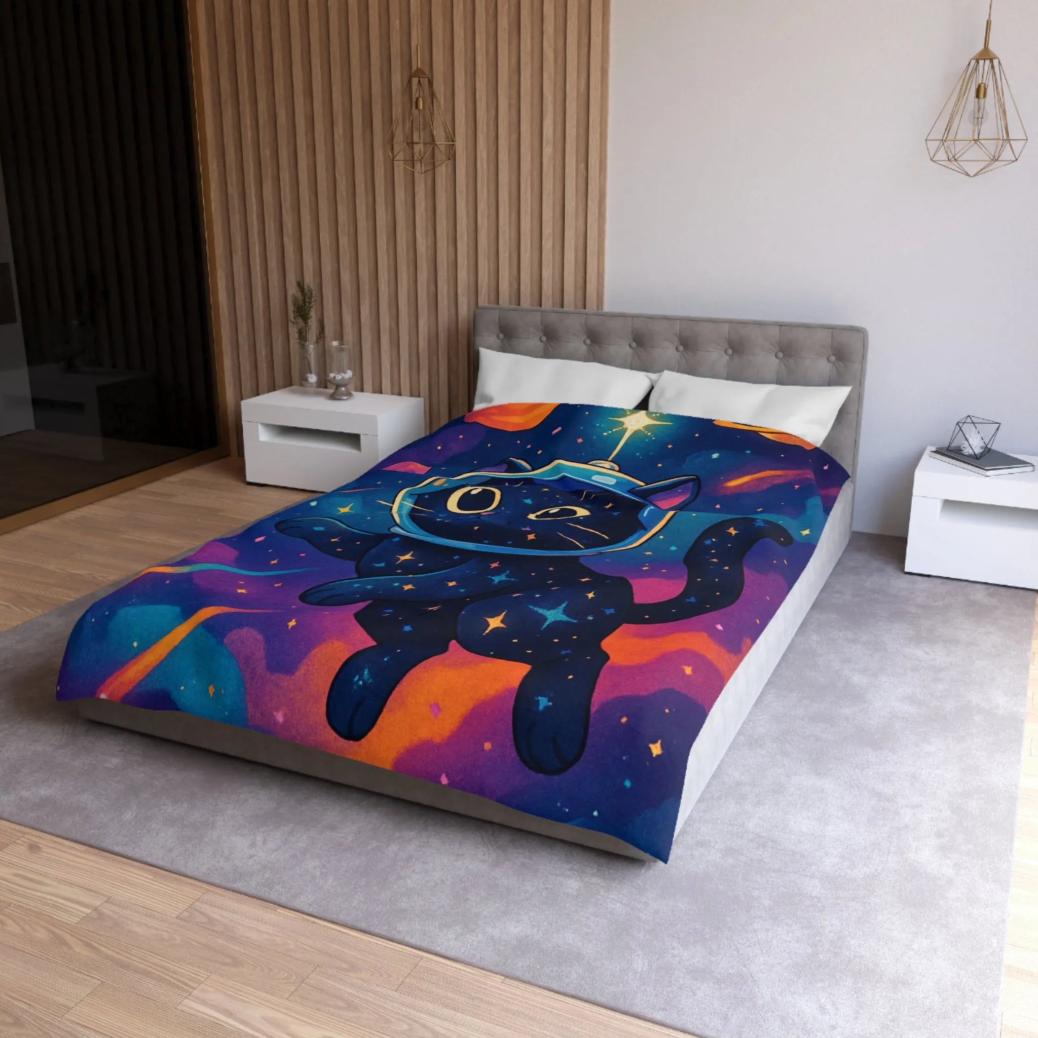Housse de couette chat cosmique dans l’espace avec étoiles et planètes colorées