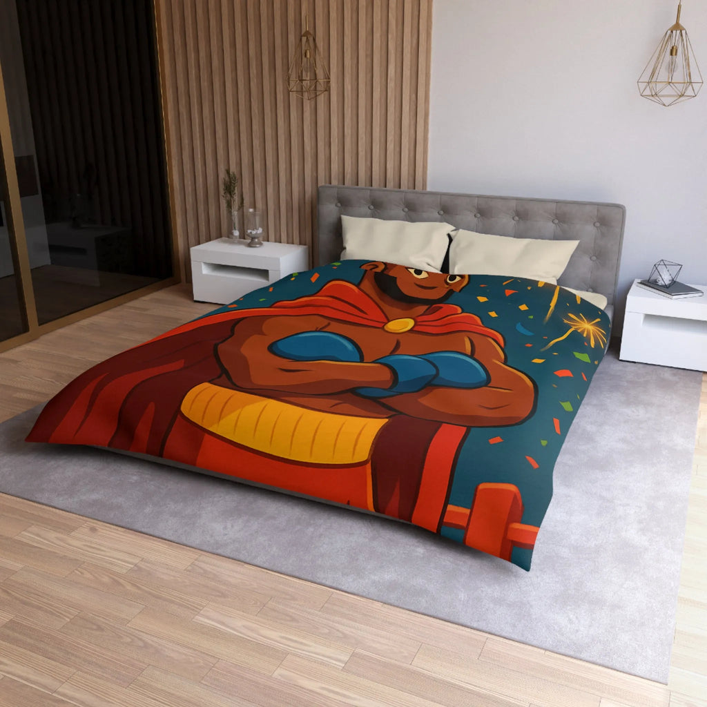 Housse de couette colorée avec boxeur couronné, cape rouge et feux d'artifice