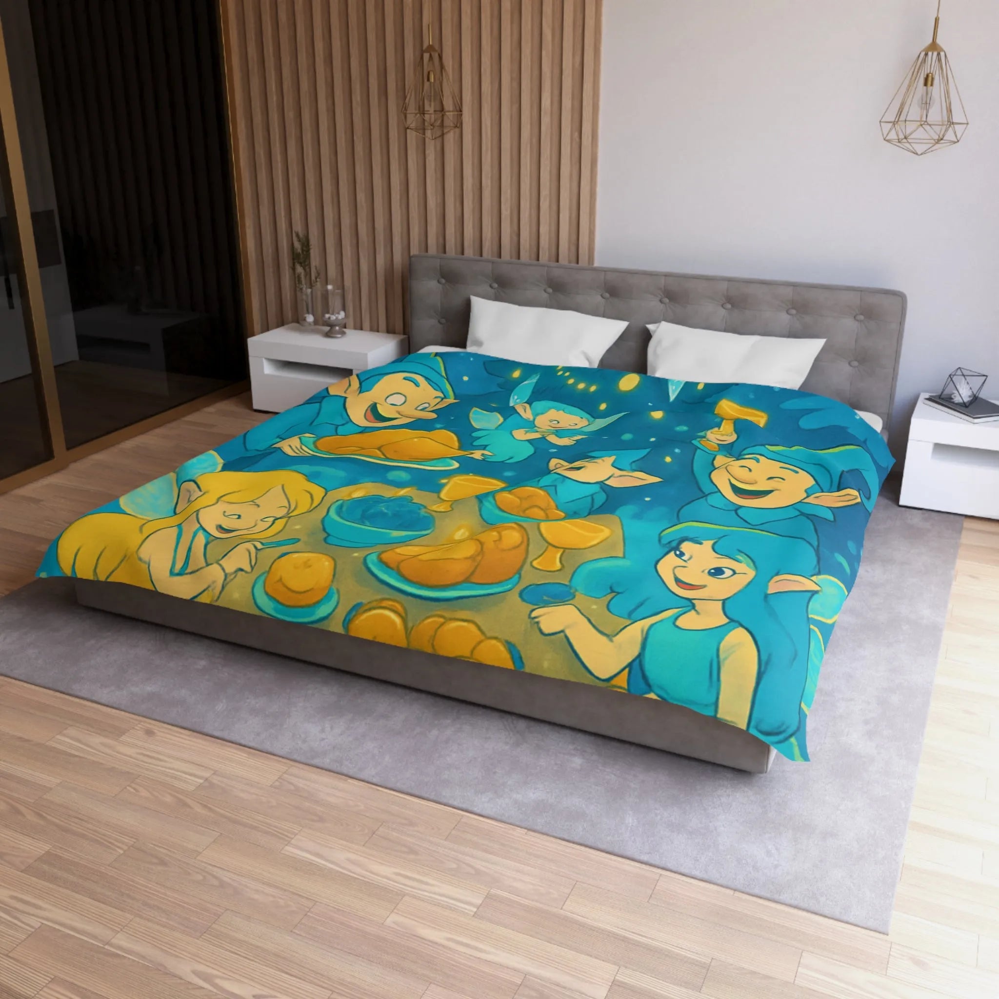 Housse de couette festive de lutins célébrant autour d'un sapin de Noël lumineux