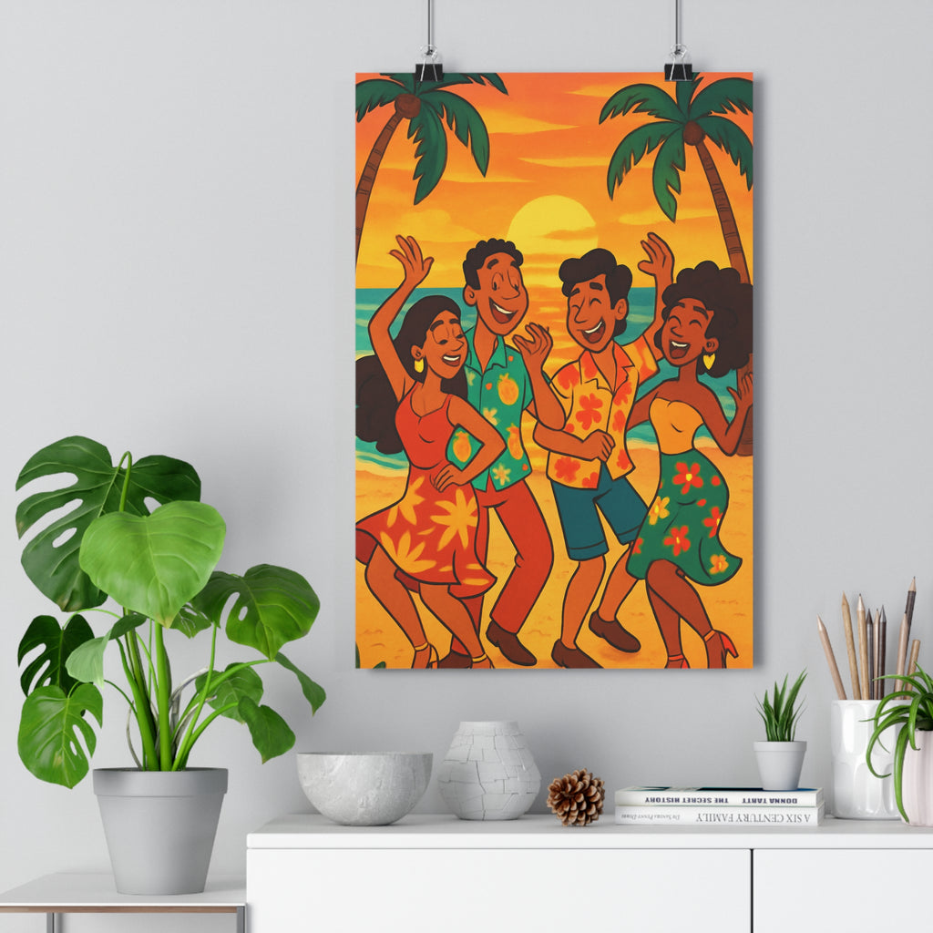 Poster décoratif tropical danse plage coucher soleil orange vert joyeux intérieur salon chambre 30x46