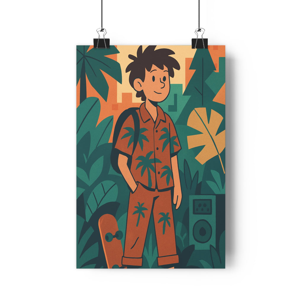 Poster décoratif jungle géométrique vert orange cartoon stylisé aventurier salon bureau nature unique qualité