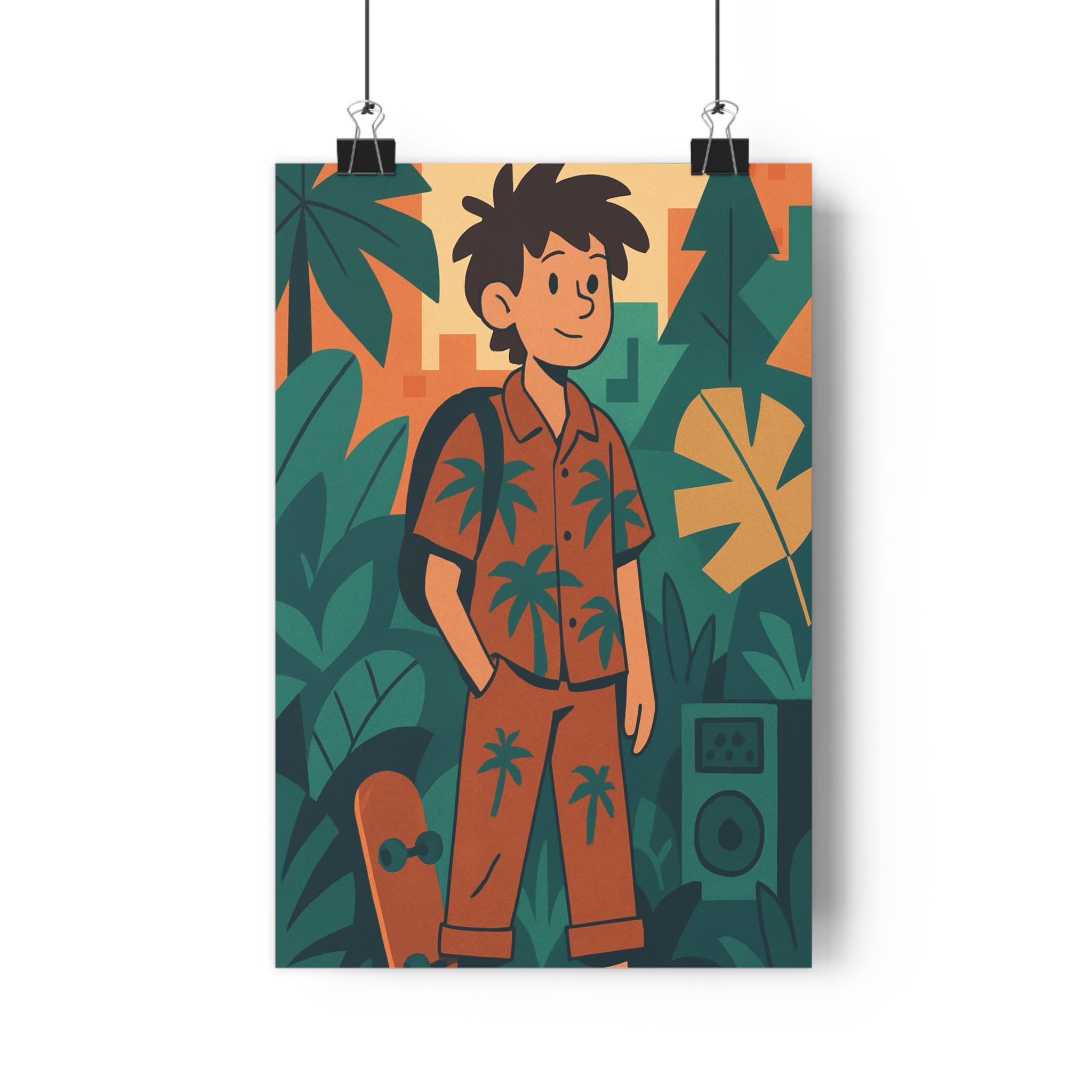 Poster décoratif jungle géométrique vert orange cartoon stylisé aventurier salon bureau nature unique qualité