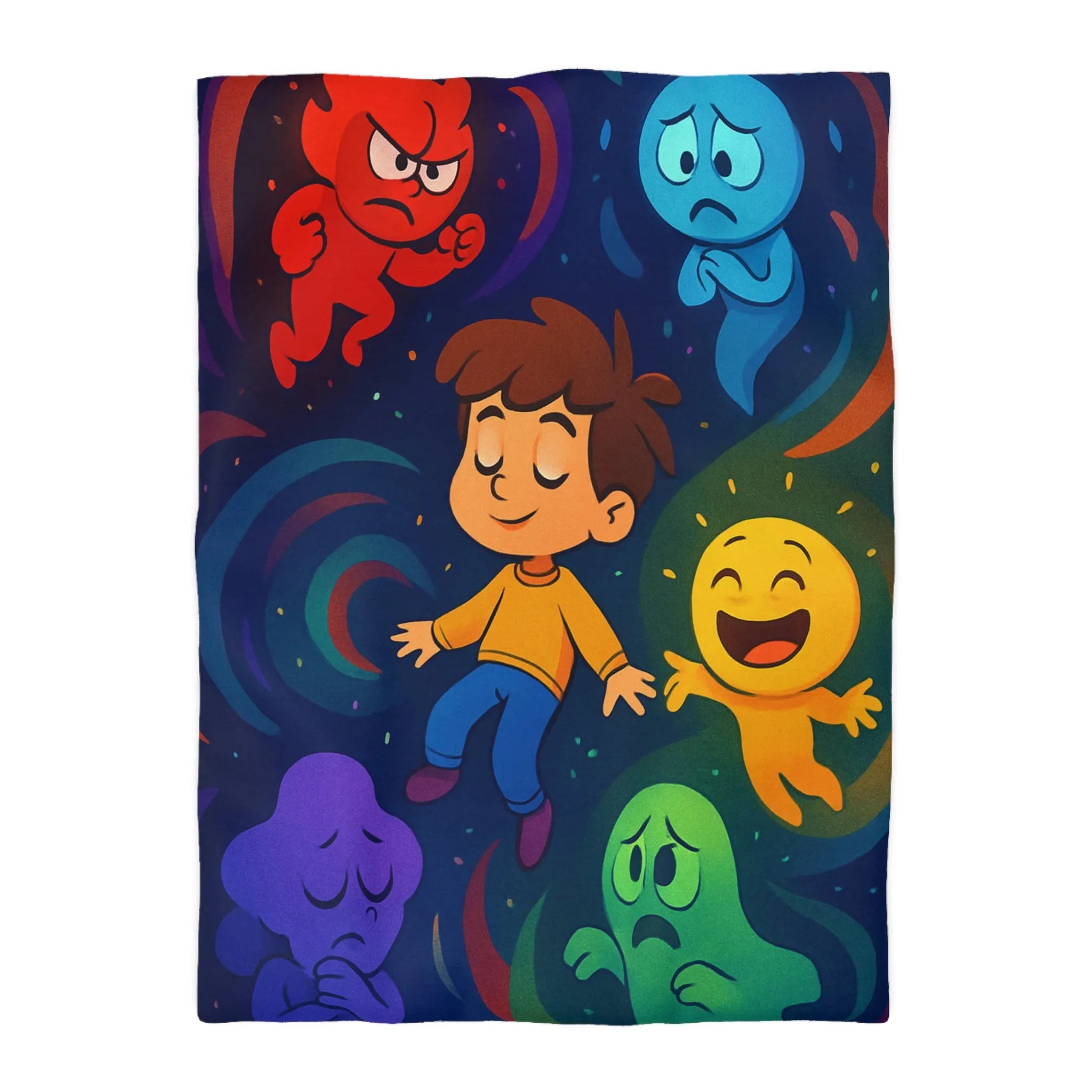 Housse de couette colorée avec personnages émotionnels flottants pour chambre d'enfant joyeuse