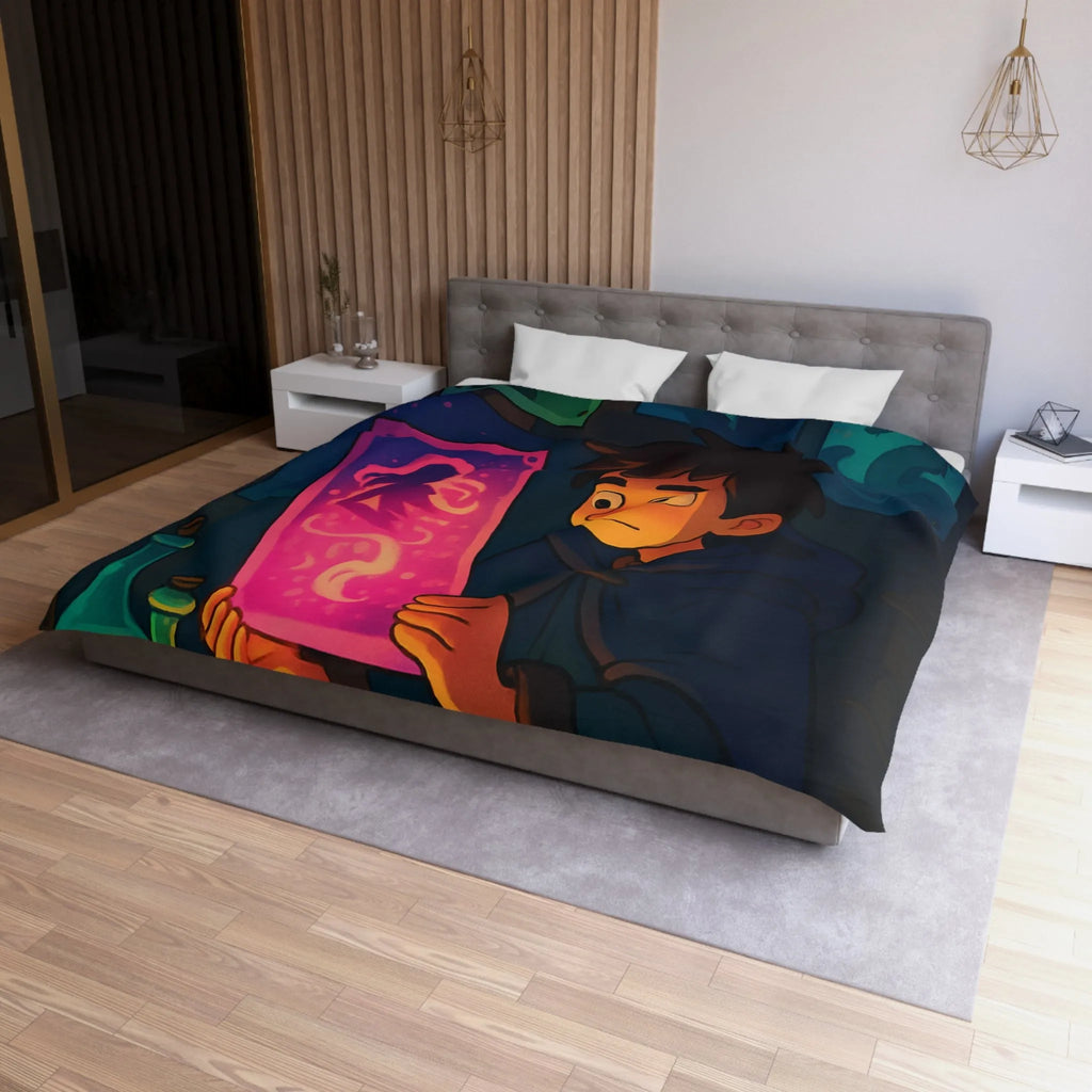 Enfant Magicien Lisant Papyrus Magique Avec Décor De Potions Et Affiches Mystiques