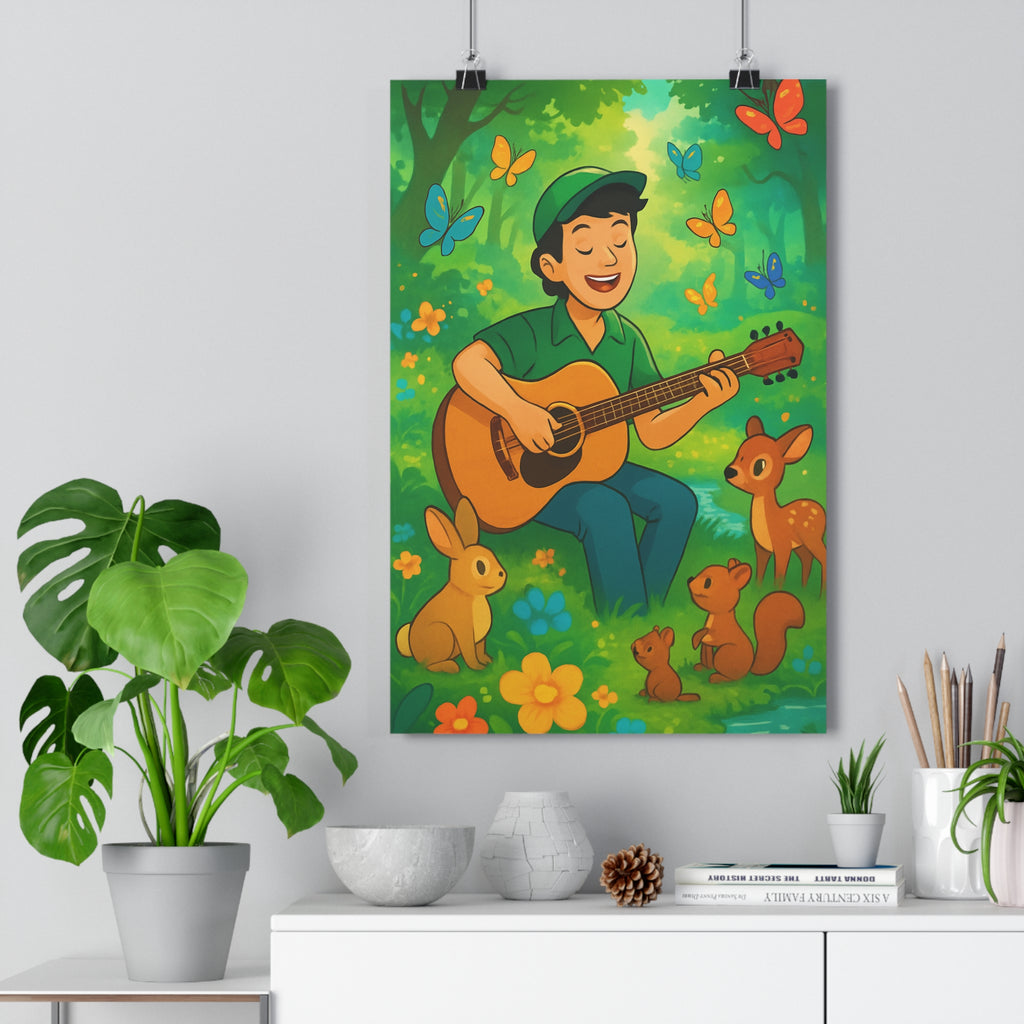 Poster décoratif cartoon joyeux enfant chambre forêt verdoyant magique coloré guitare animaux fleurs papillons