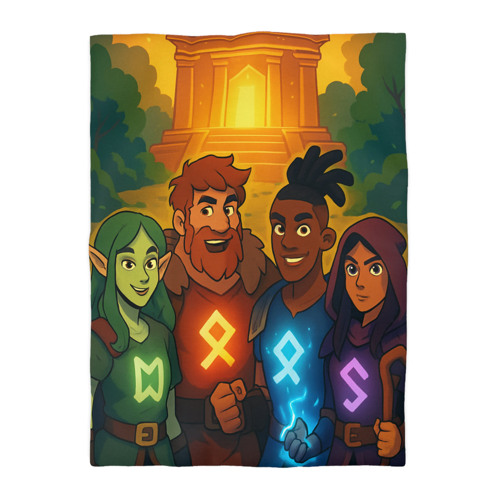 Housse de couette vibrant avec aventure illustrée de quatre héros devant un ancien temple