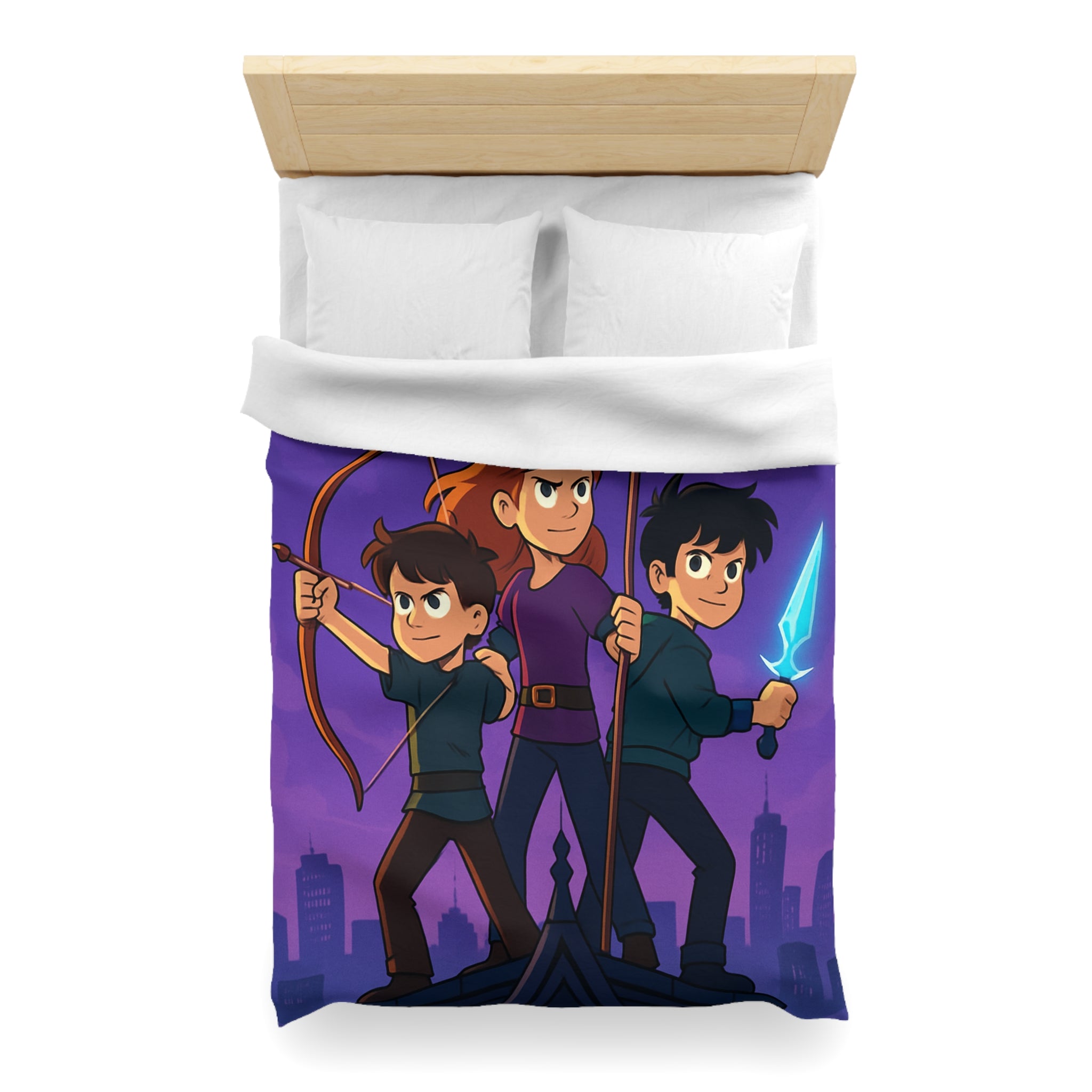 Housse de couette urbaine illustrée, ambiance aventure mystique avec enfants et armes