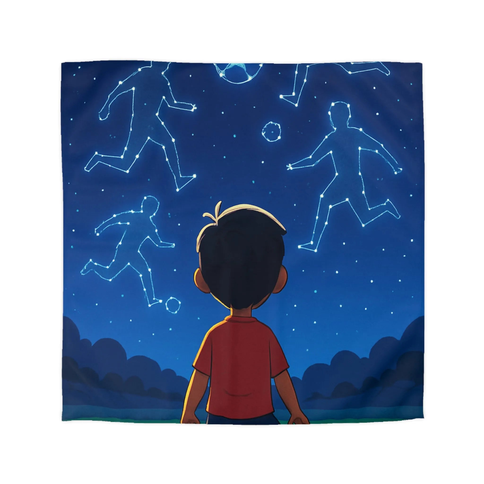 Housse de couette étoilée avec enfant rêvant de football sous ciel constellé