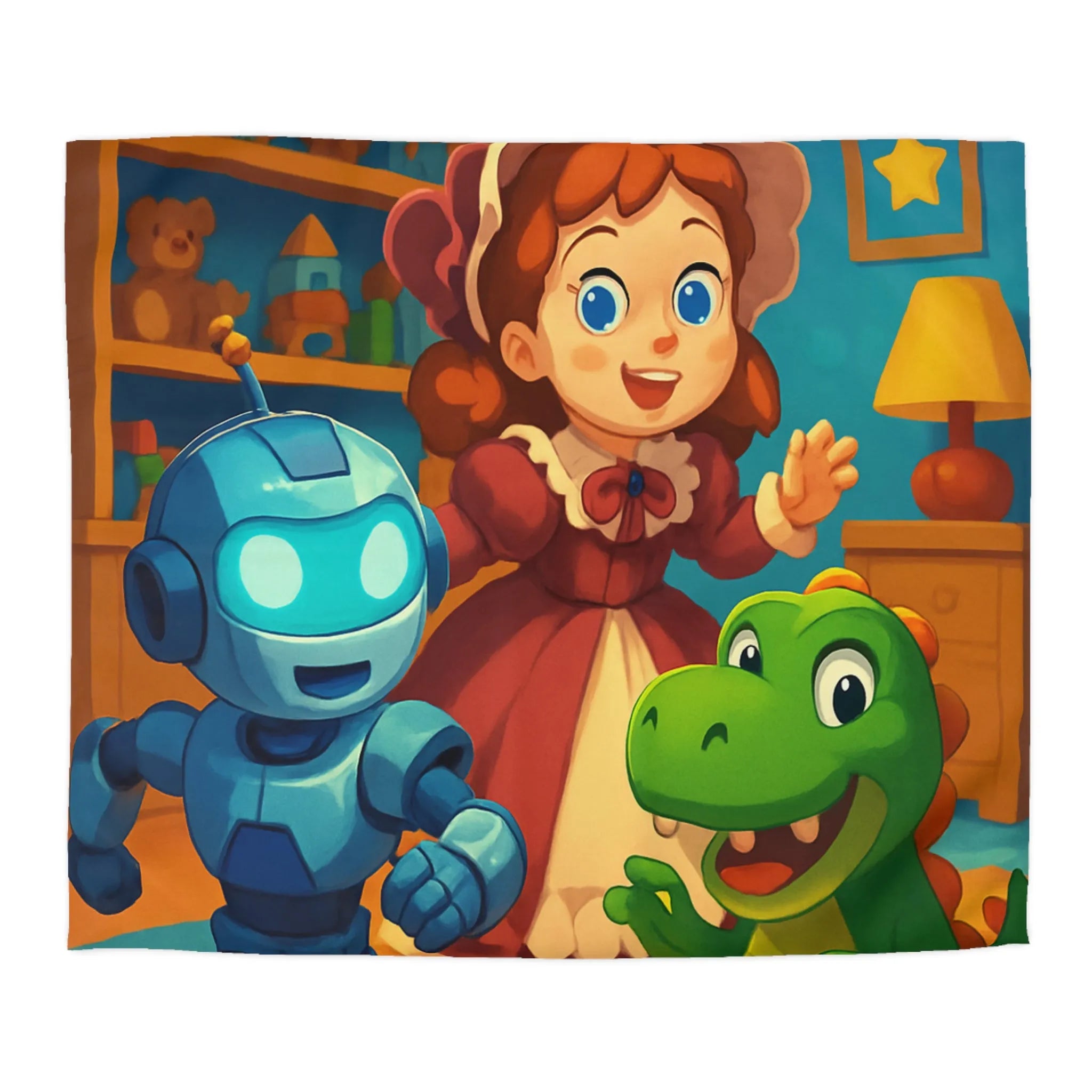 Housse de couette colorée avec robot, dinosaure et poupée en chambre enfantine