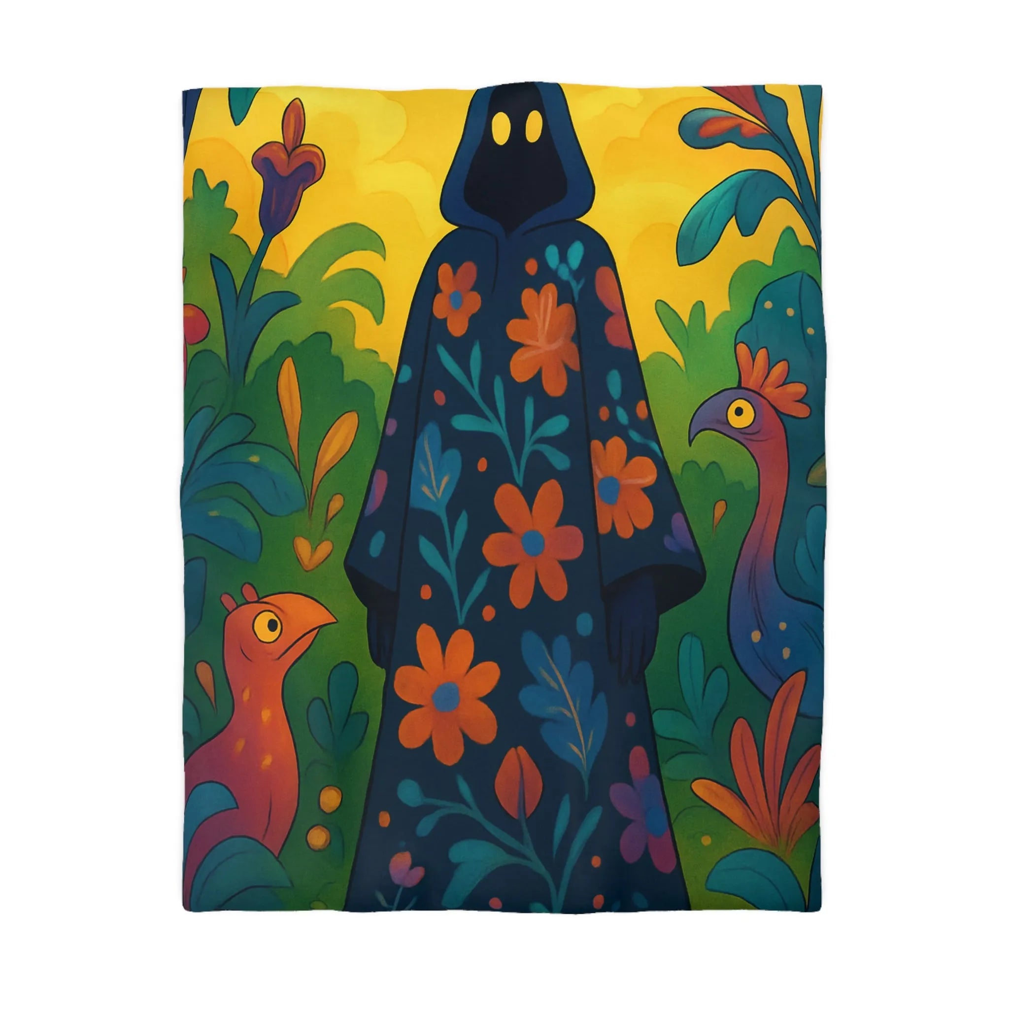 Housse de couette florale mystérieuse avec figure encapuchonnée et oiseaux colorés en forêt