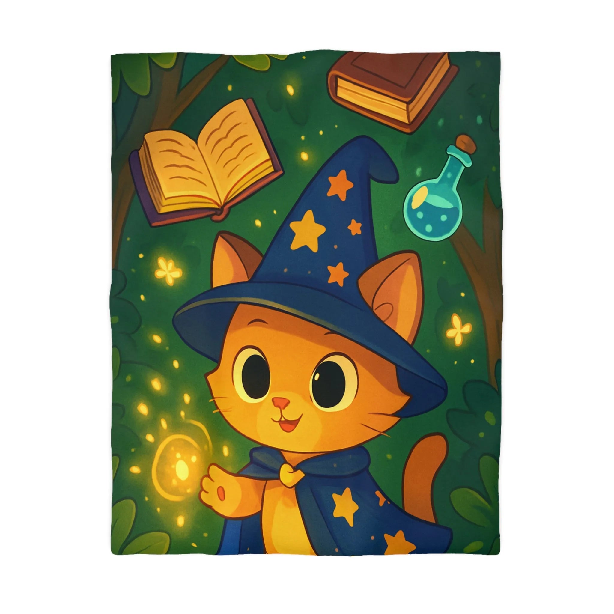 Housse de couette magique pour enfants avec chaton sorcier et forêt enchantée