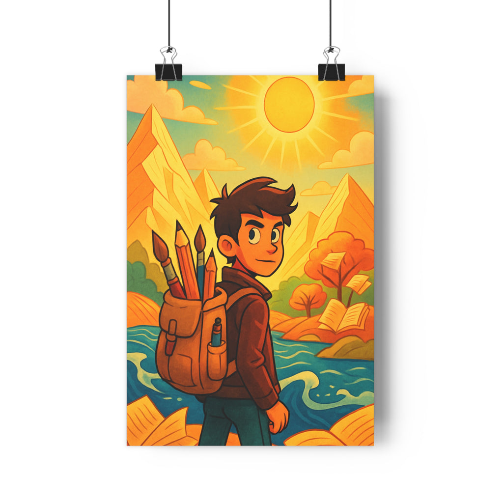 Poster décoratif coloré vibrant fantasie aventure cartoon enfant chambre créatif artistique paysage montagne rivière